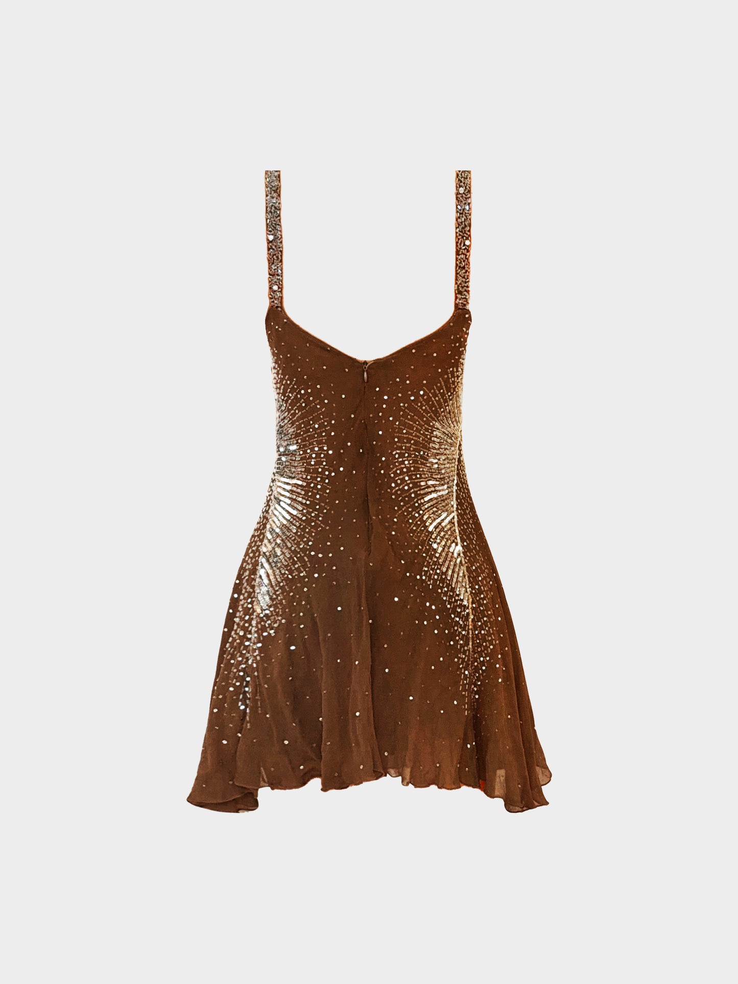 Roberto Cavalli 2000s Brown Chiffon Pearls and Sequins-embellished Dress