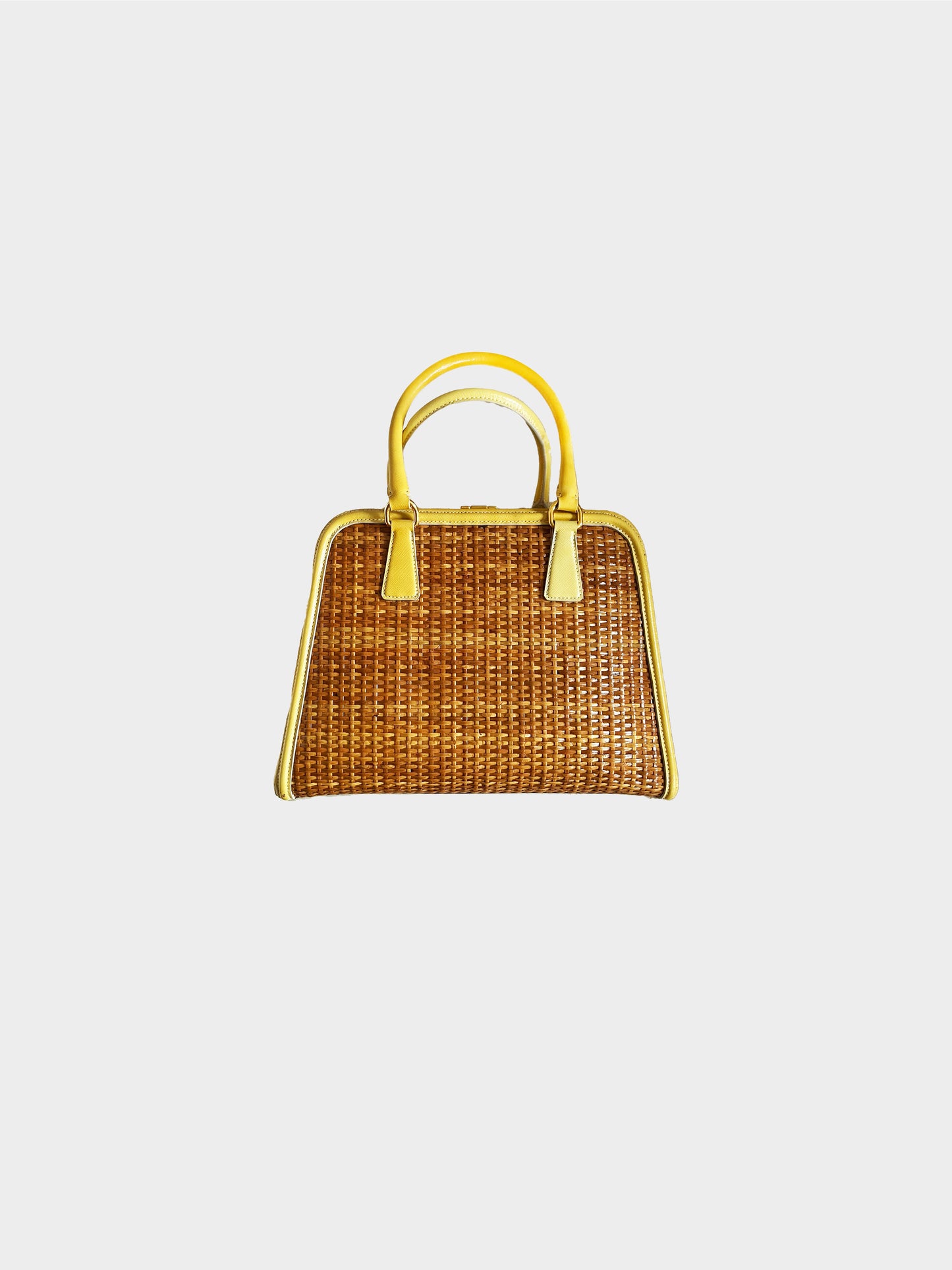 Prada 2000s Yellow Wicker Saffiano Pyramid Frame Tote