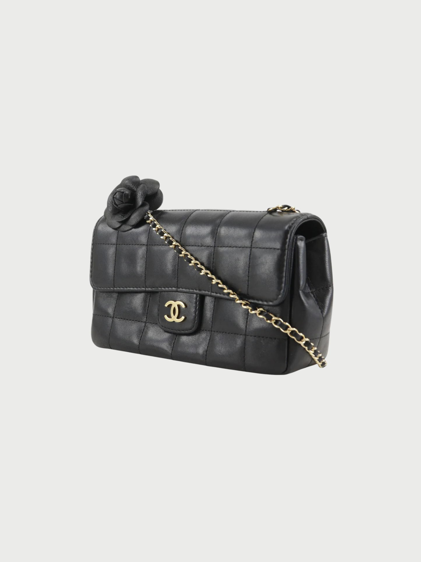 Chanel 2000s Black Calfskin Choco Bar Camellia Chain Shoulder Bag
