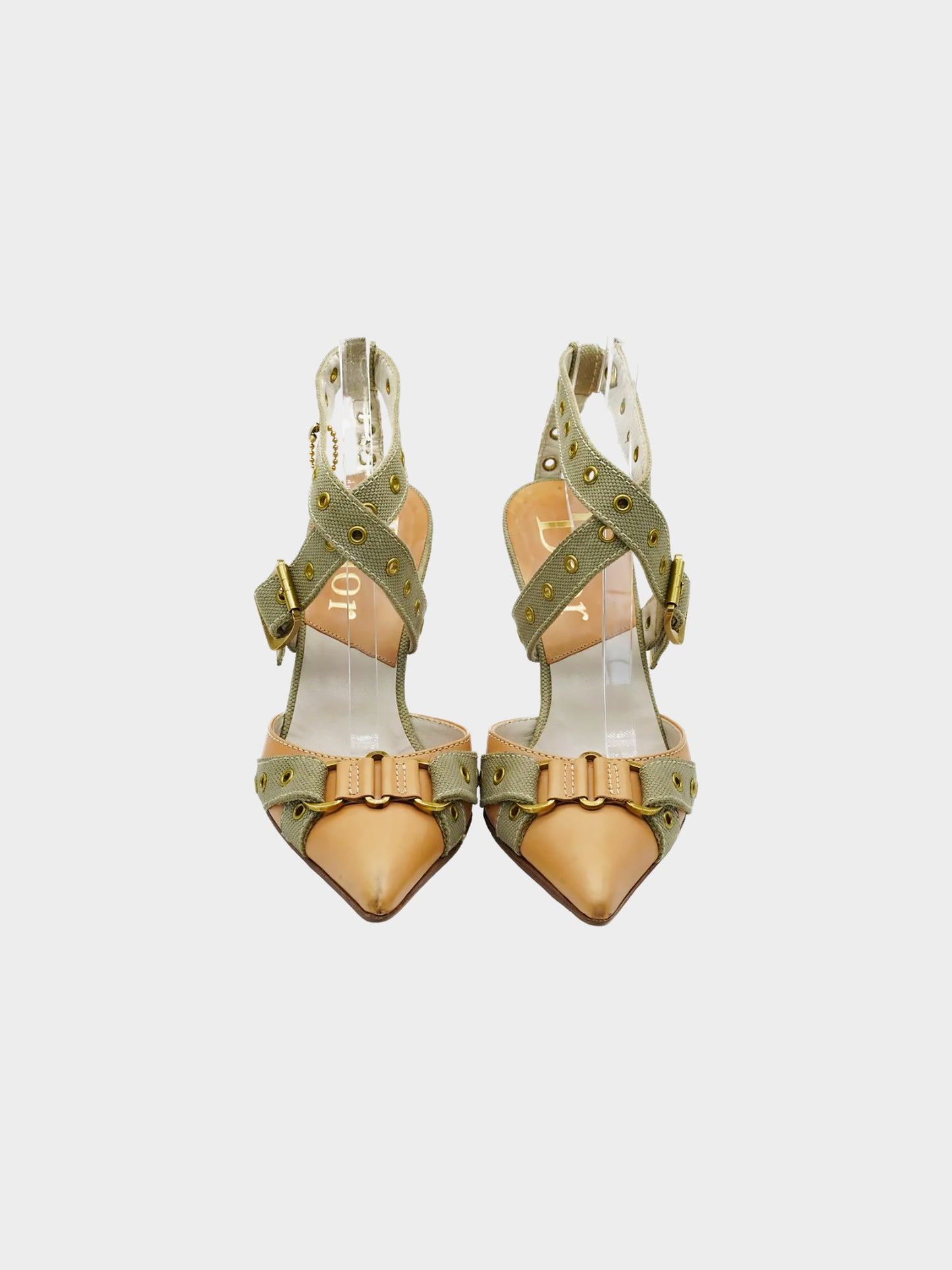 Christian Dior by John Galliano SS 2002 Runway Khaki and Brown Canvas Leather Slingback Pumps