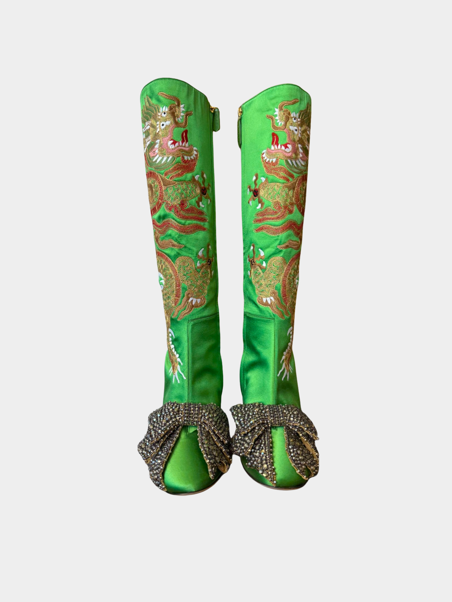 Gucci 2017 Green Dragon-Embroidered Satin Knee-High Boots