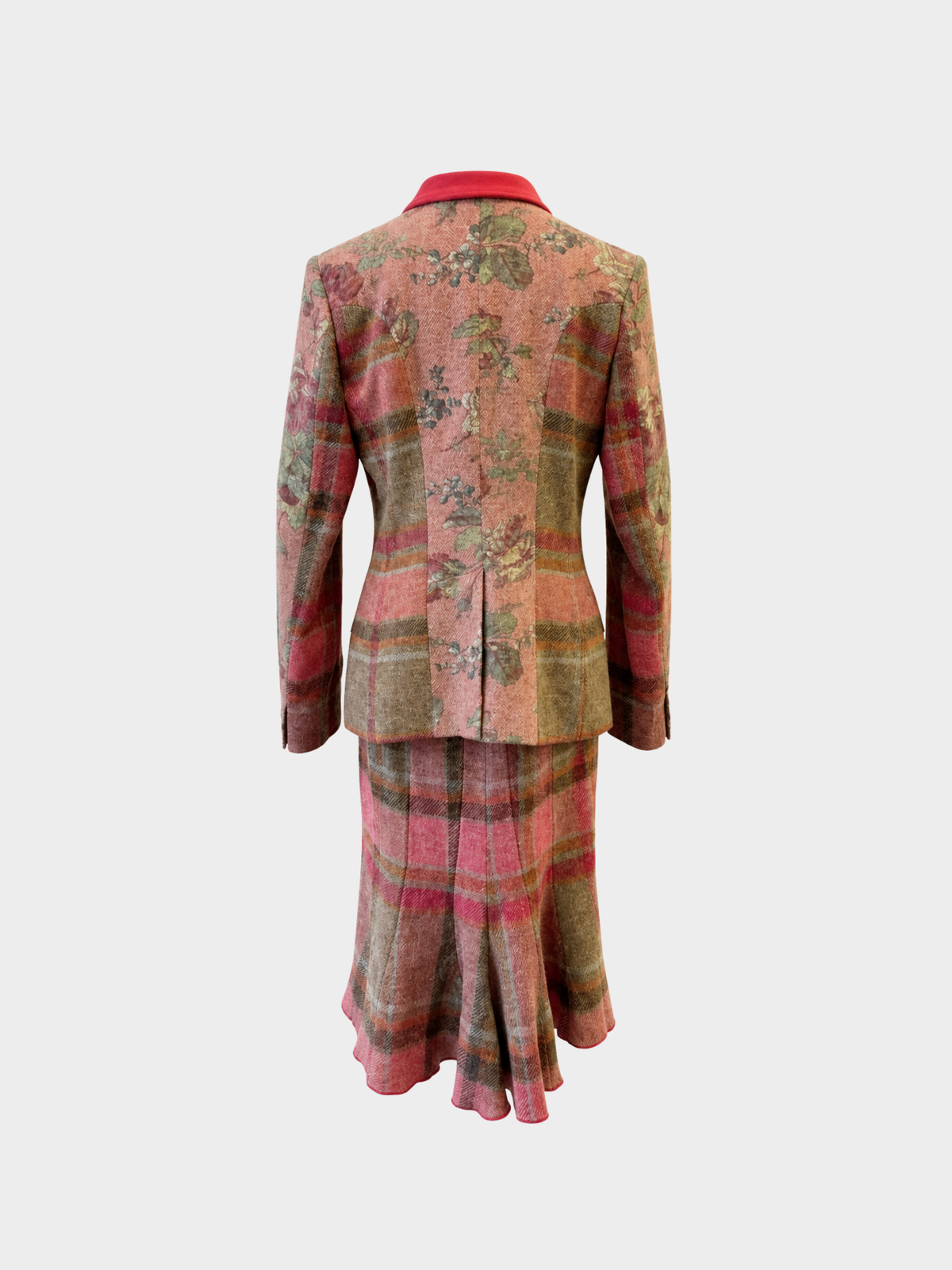 Etro 2000s Rose Green Plaid Floral Wool Skirt Suit Set
