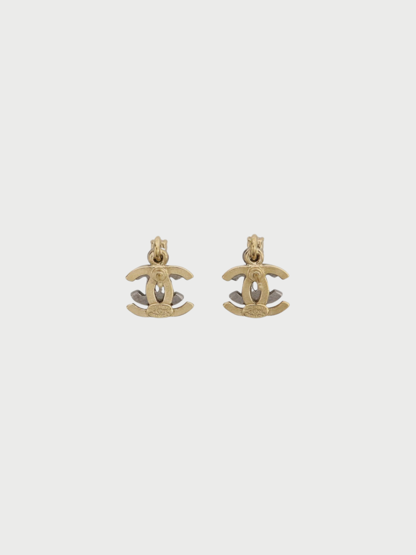 Chanel 2000s Gold Silver Plated Metal Rhinestone Double COCO Earrings
