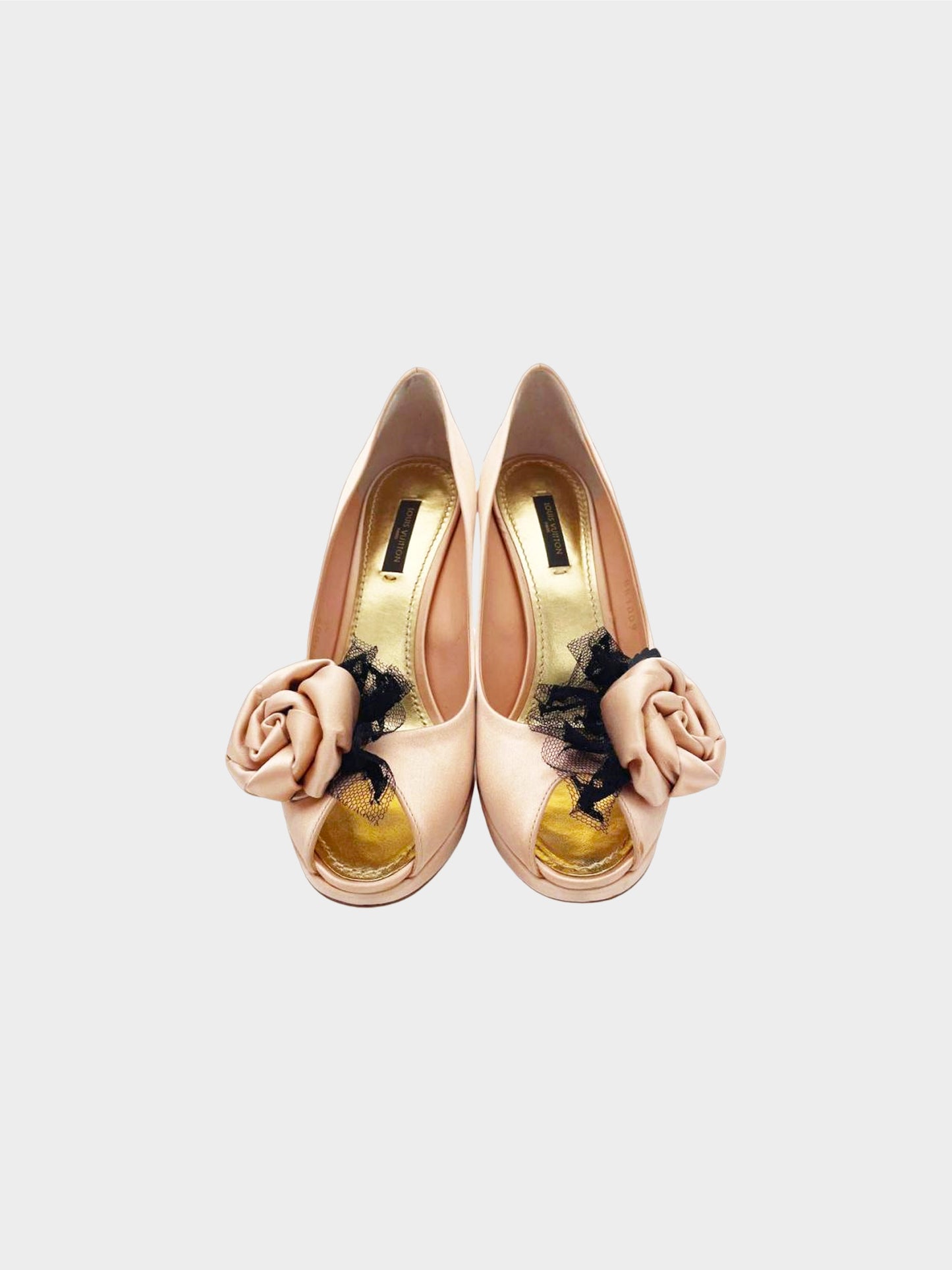 Louis Vuitton 2009 Beige Pink Corsage Peep Toe Satin Pumps