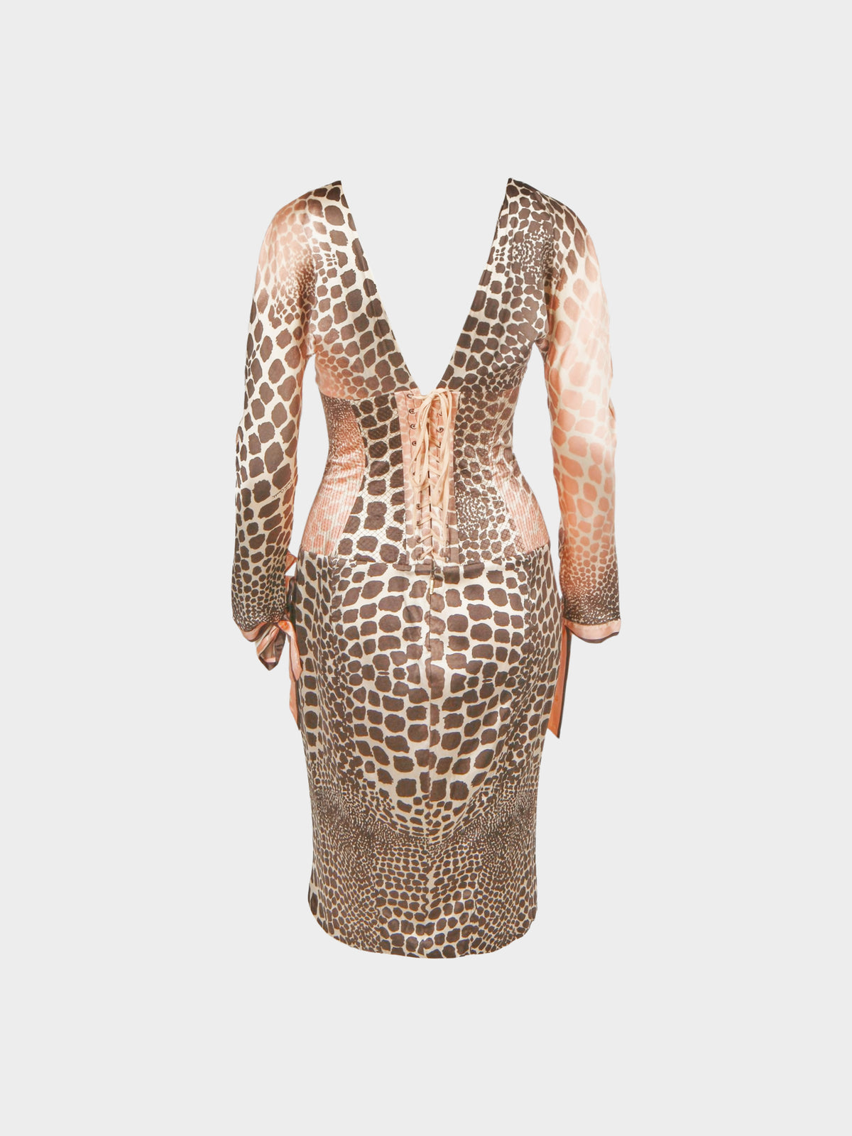 Roberto Cavalli SS 2004 Pink and Brown Silk Giraffe Print Corset Dress