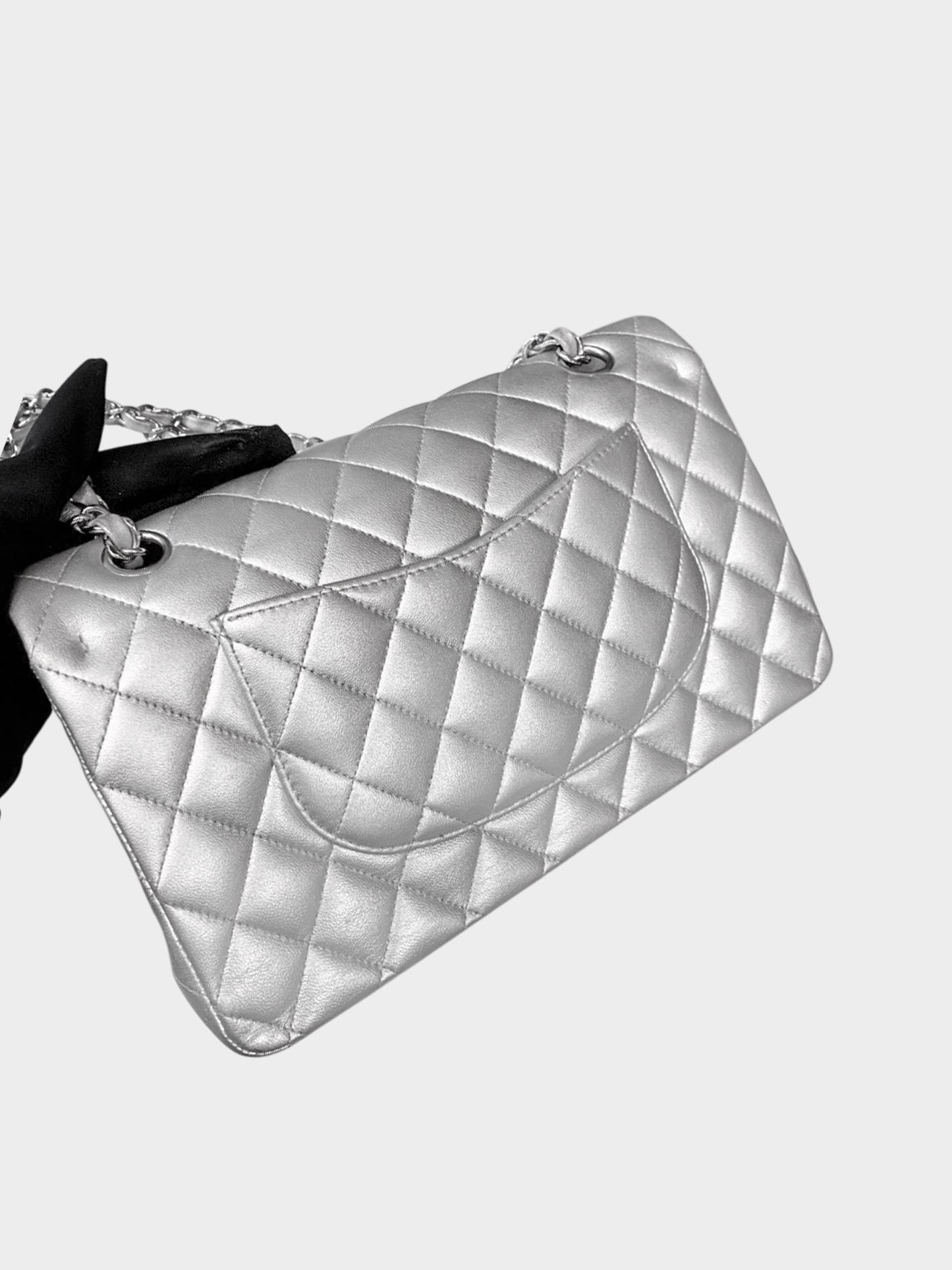 Chanel 2009-2010 Metallic Silver Classic Medium Double Flap Bag