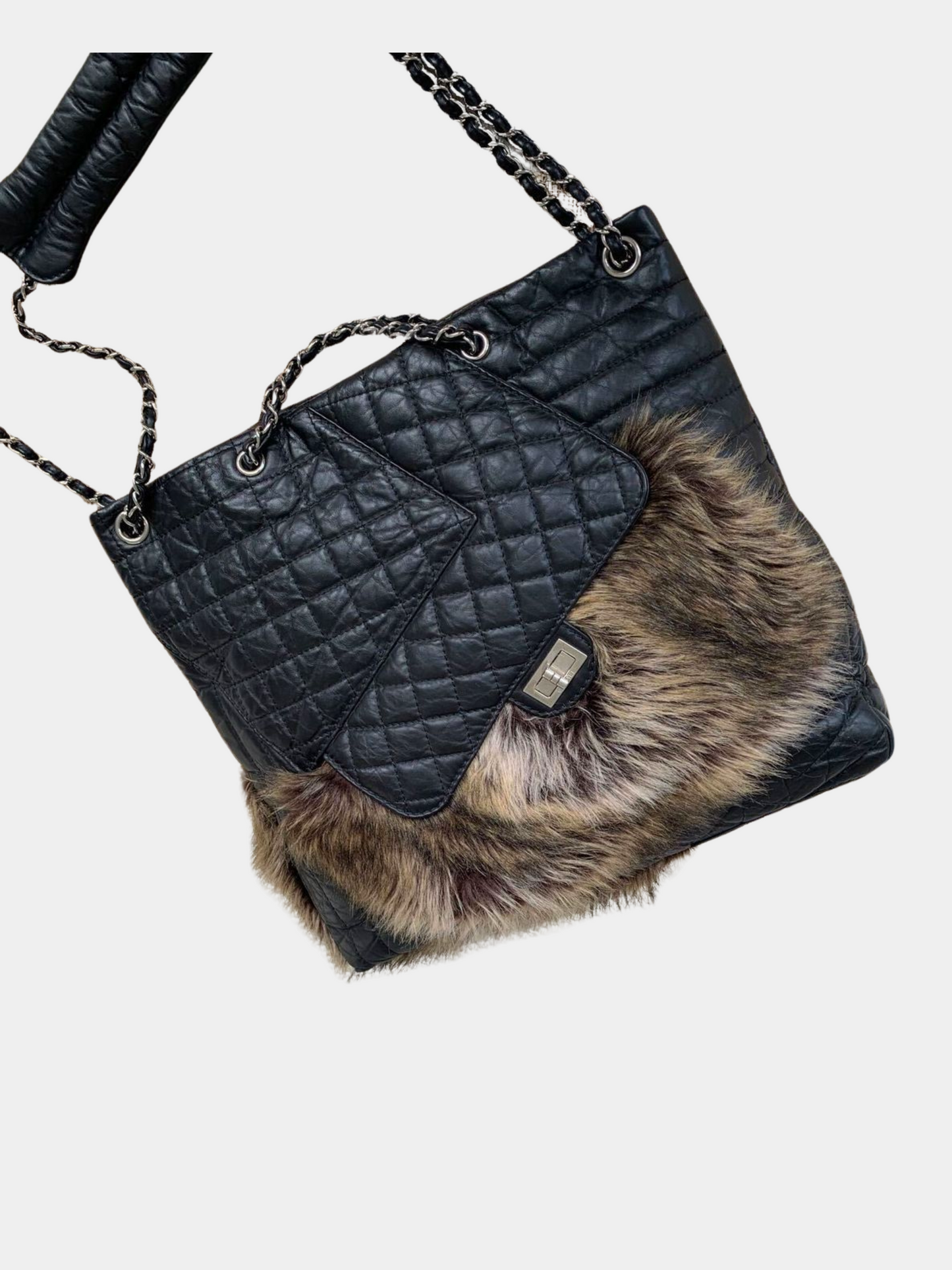 Chanel 2000s Black Quilted Leather Fur-Trim Tote Bag