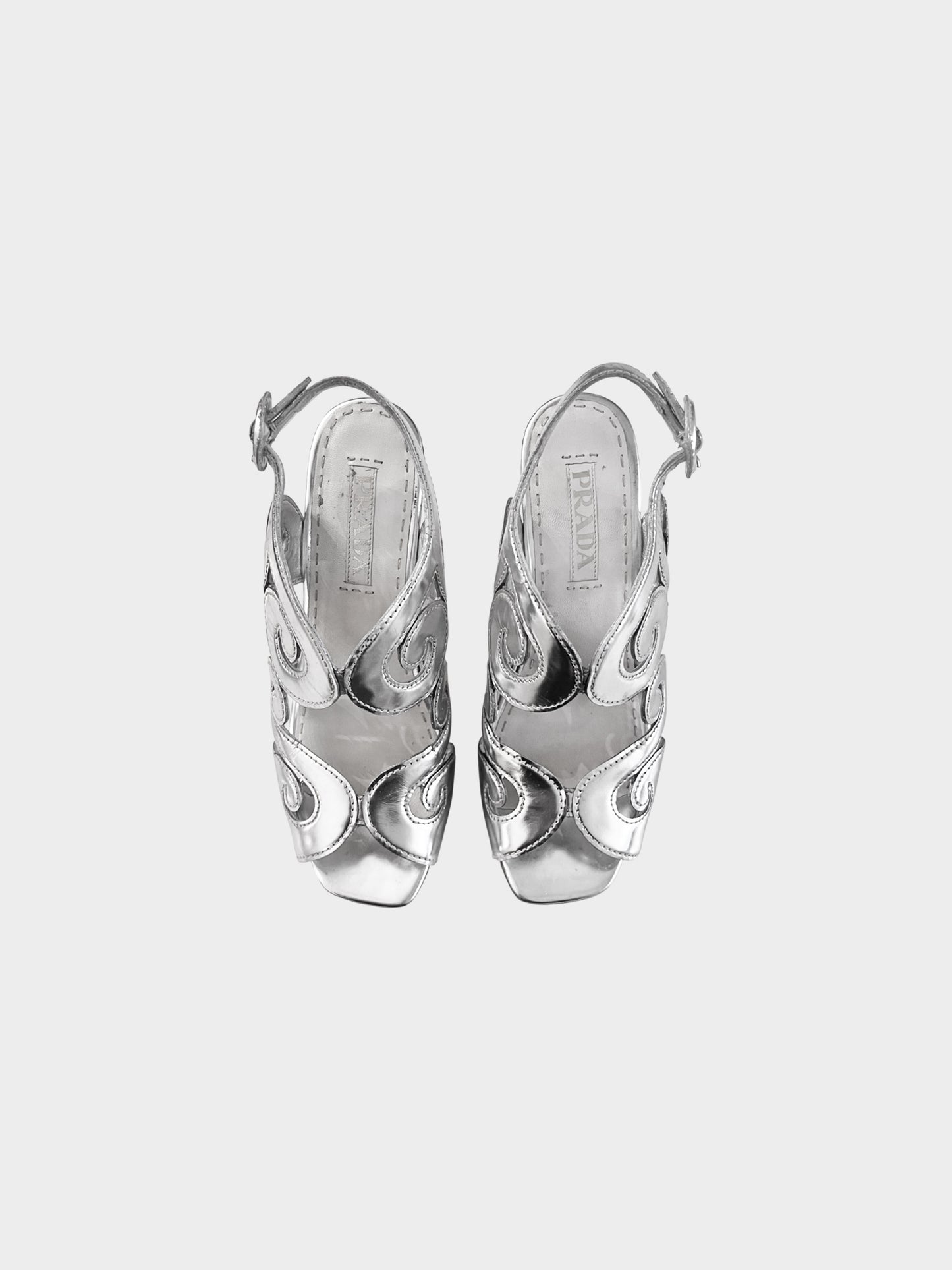 Prada 1990s Silver Metallic Leather Baroque Motif Platform Wedge Heels