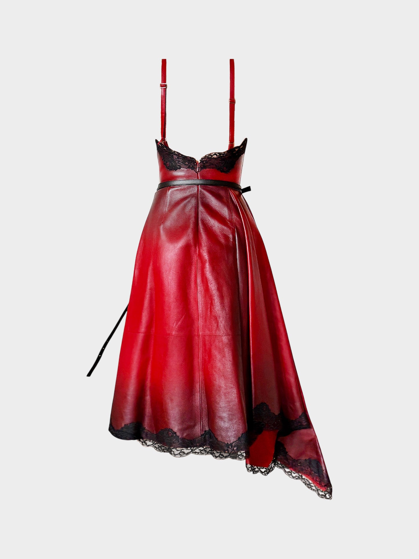 Alexander McQueen 2022 Red and Black Leather Lace-Trimmed Asymmetrical Draped Dress