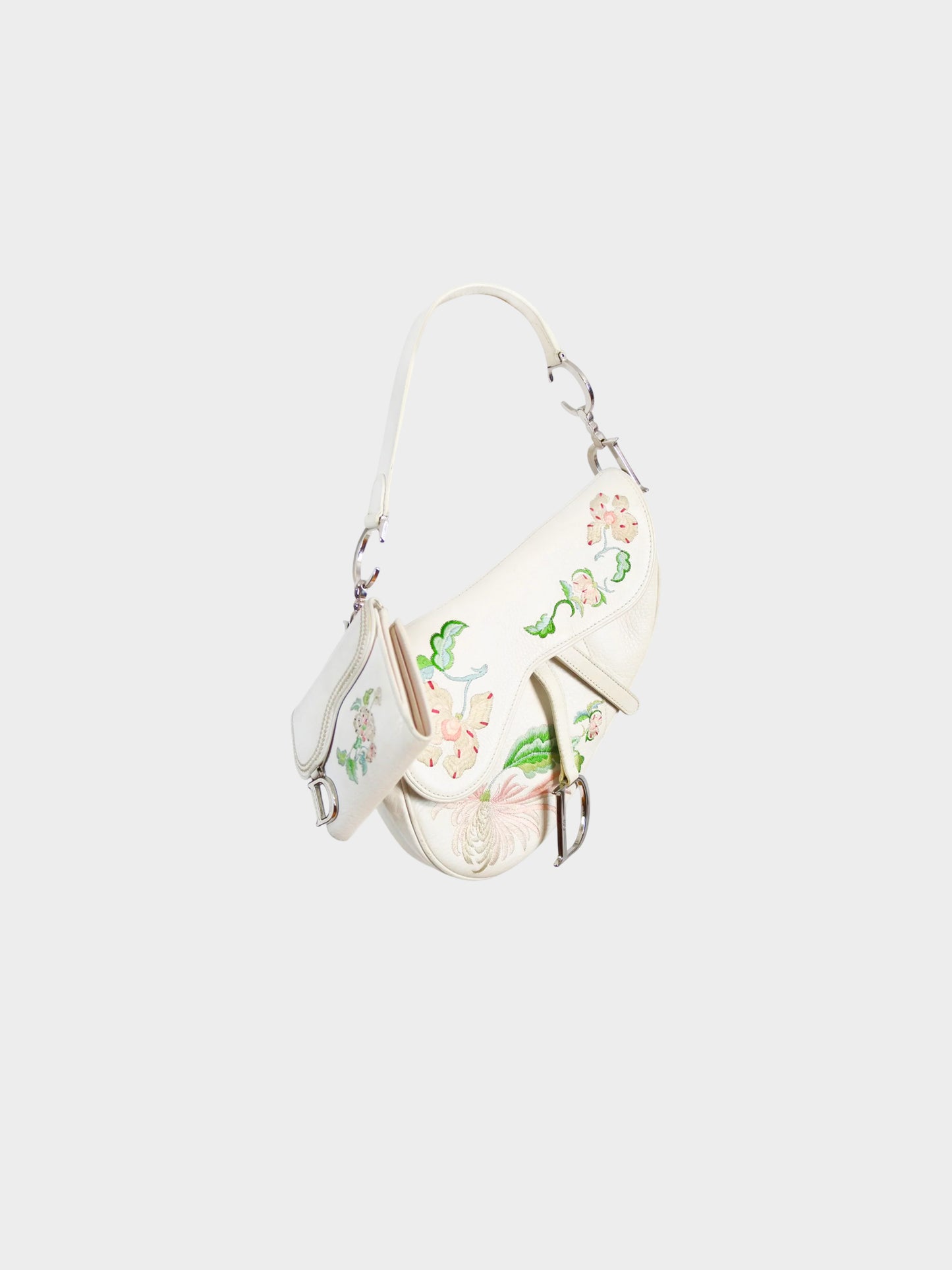 Christian Dior by John Galliano 2005 Off White Floral Embroidered Saddle Bag and Wallet Set