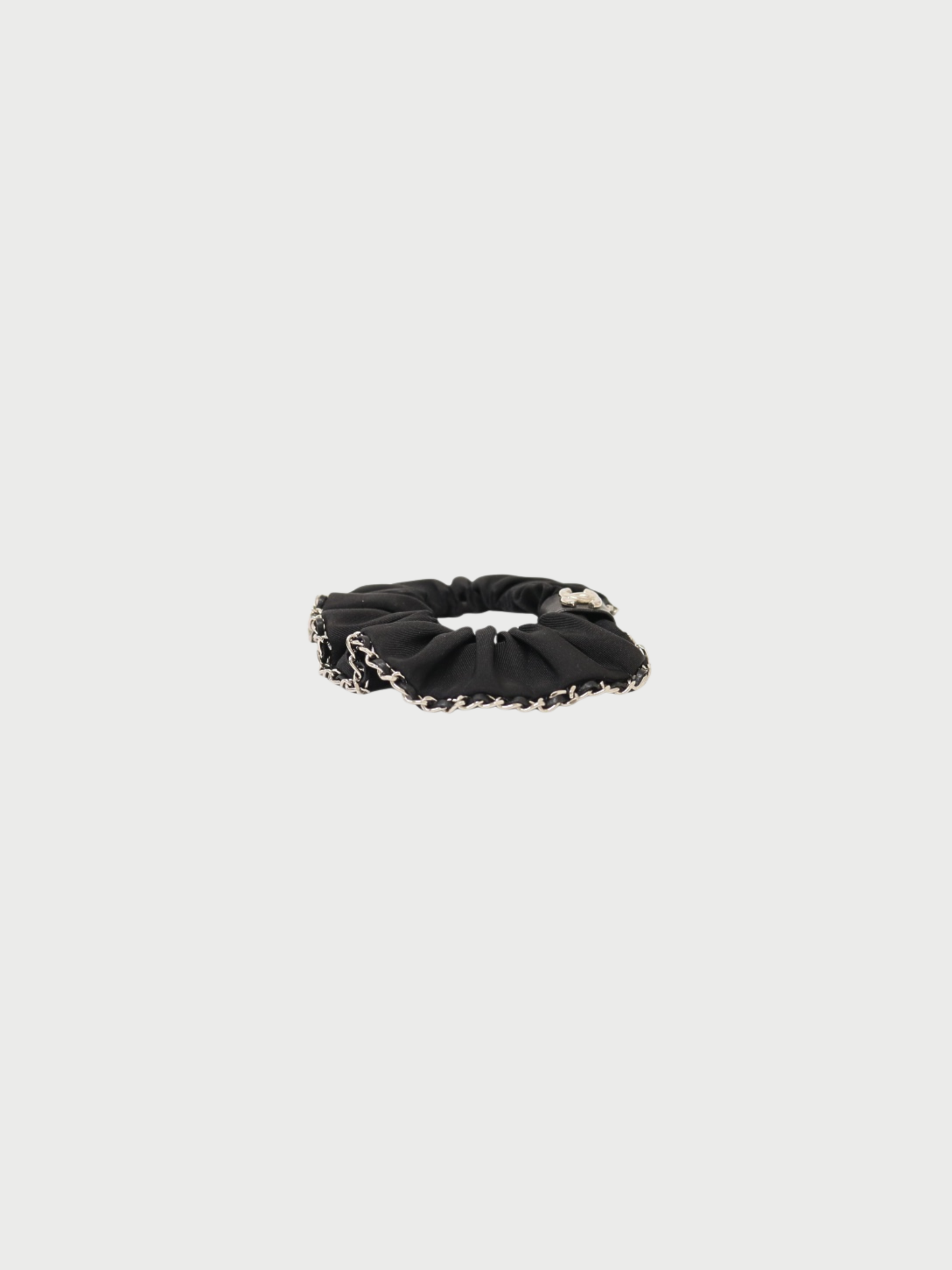 Chanel 2000s Black Silver Cotton Leather Coco Chain Scrunchie