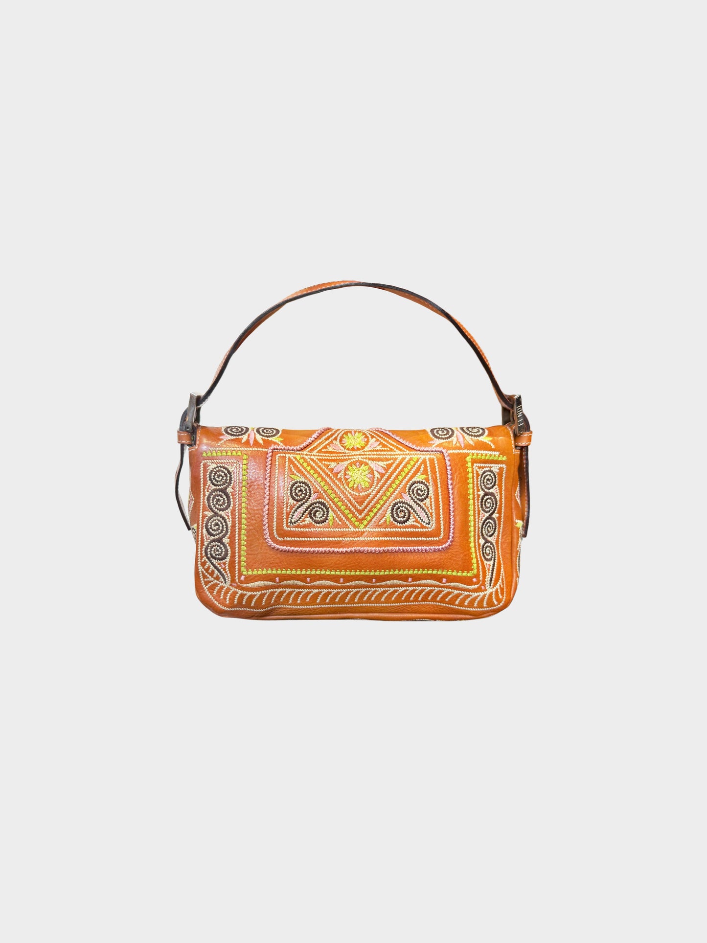 Fendi 1990s Brown Leather Floral and Geometric Embroidered Baguette