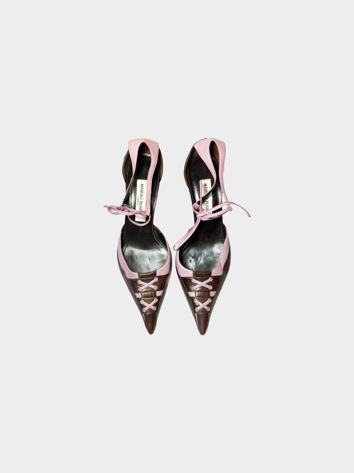 Manolo Blahnik 2000s Brown and Purple Leather Bow Tie Strappy Heels