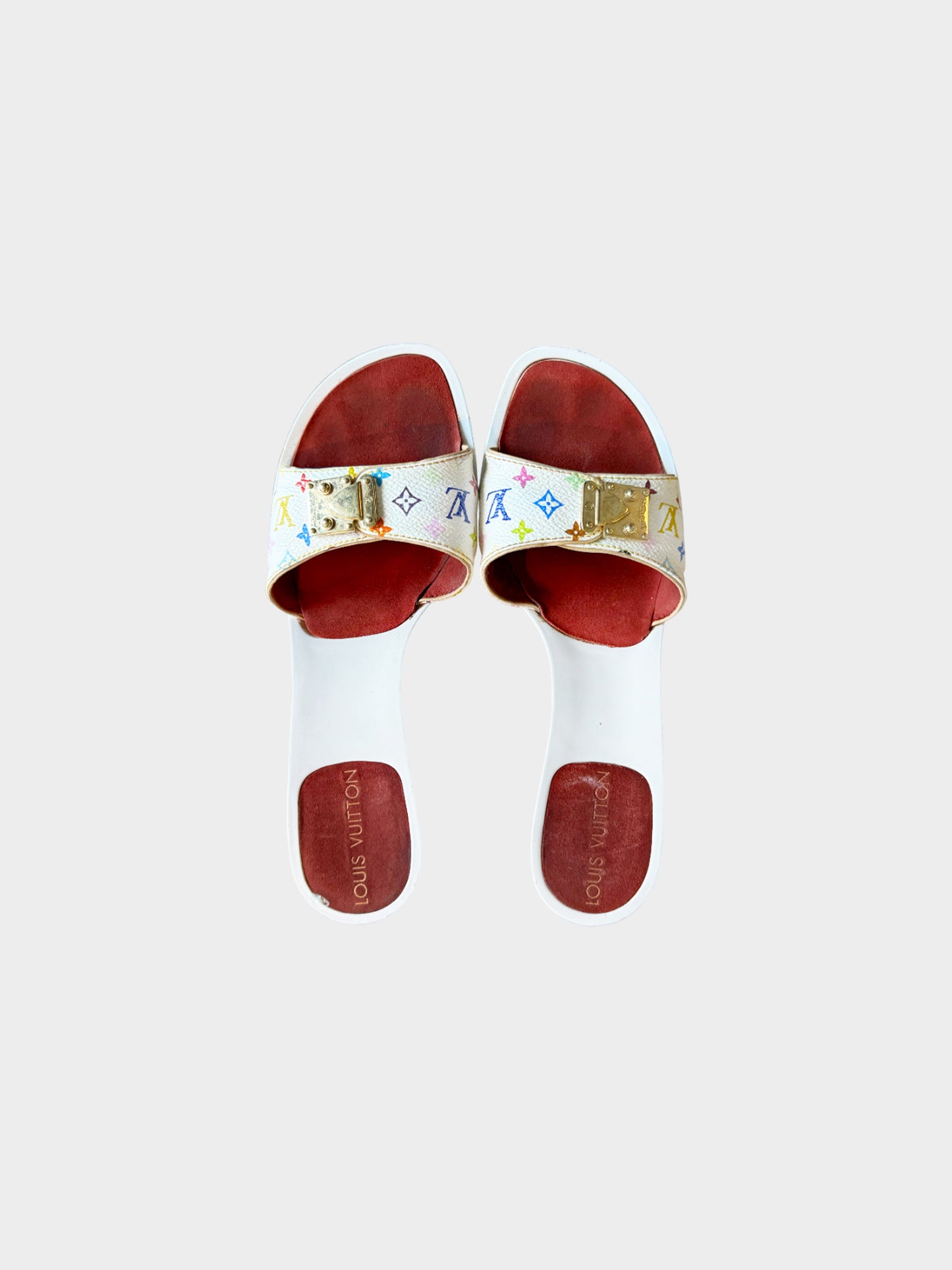 Louis Vuitton 2000s White Multicolor Monogram Leather Heels with Gold Buckle
