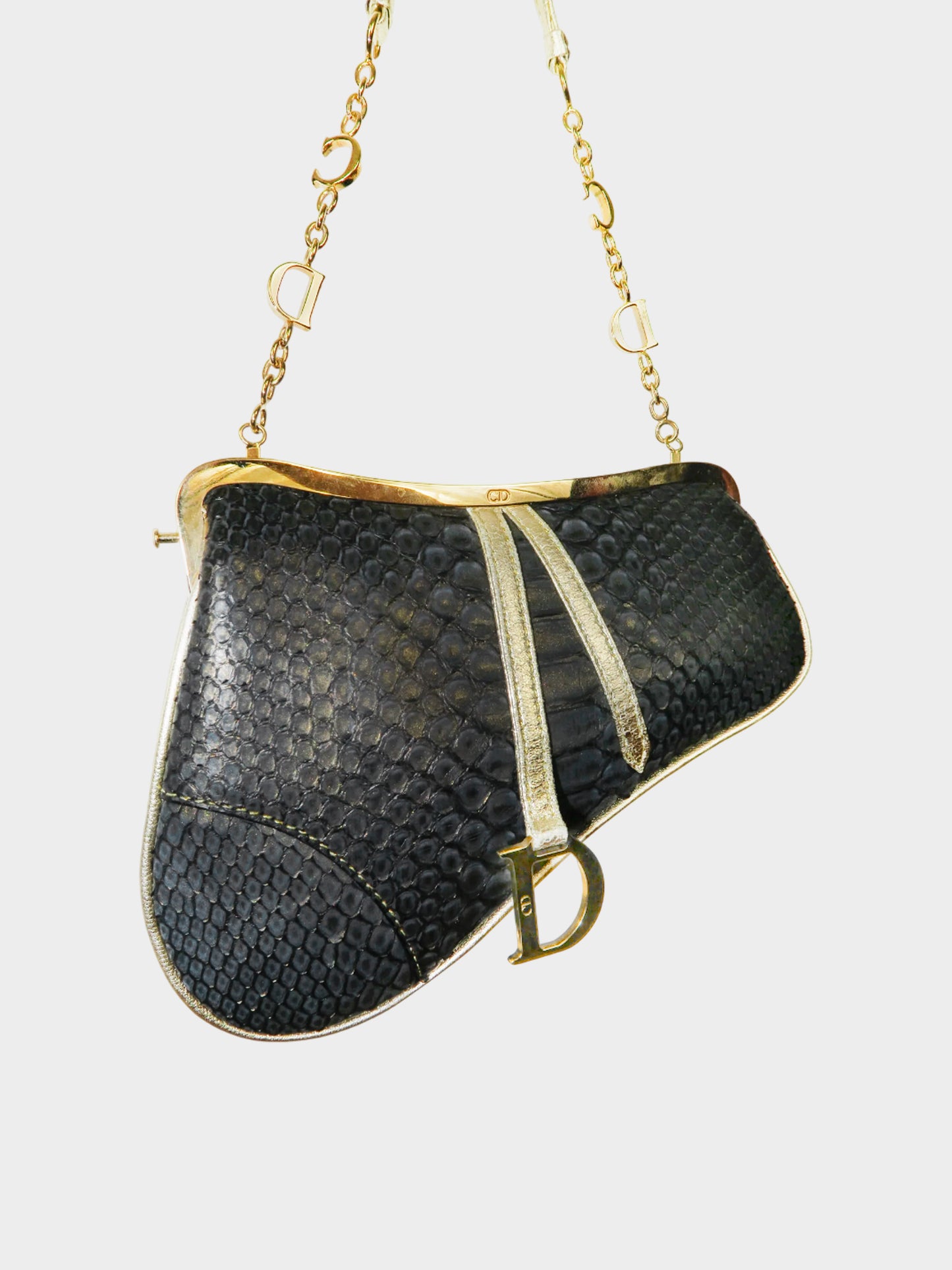 Christian Dior 2003 Black and Gold Python Leather Mini Saddle Bag