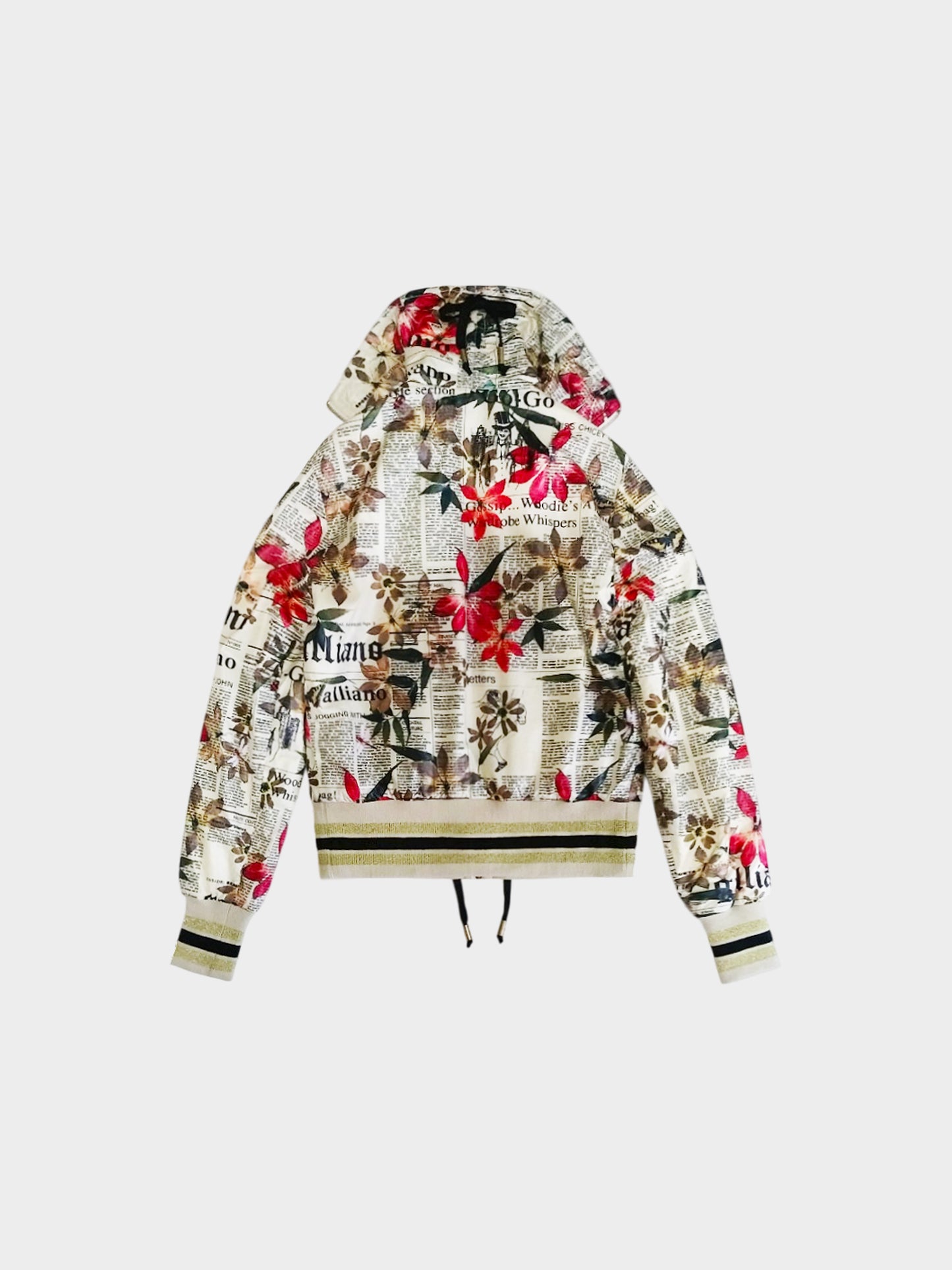 John Galliano 1990s Floral and Gazette Newspaper Print Jacket