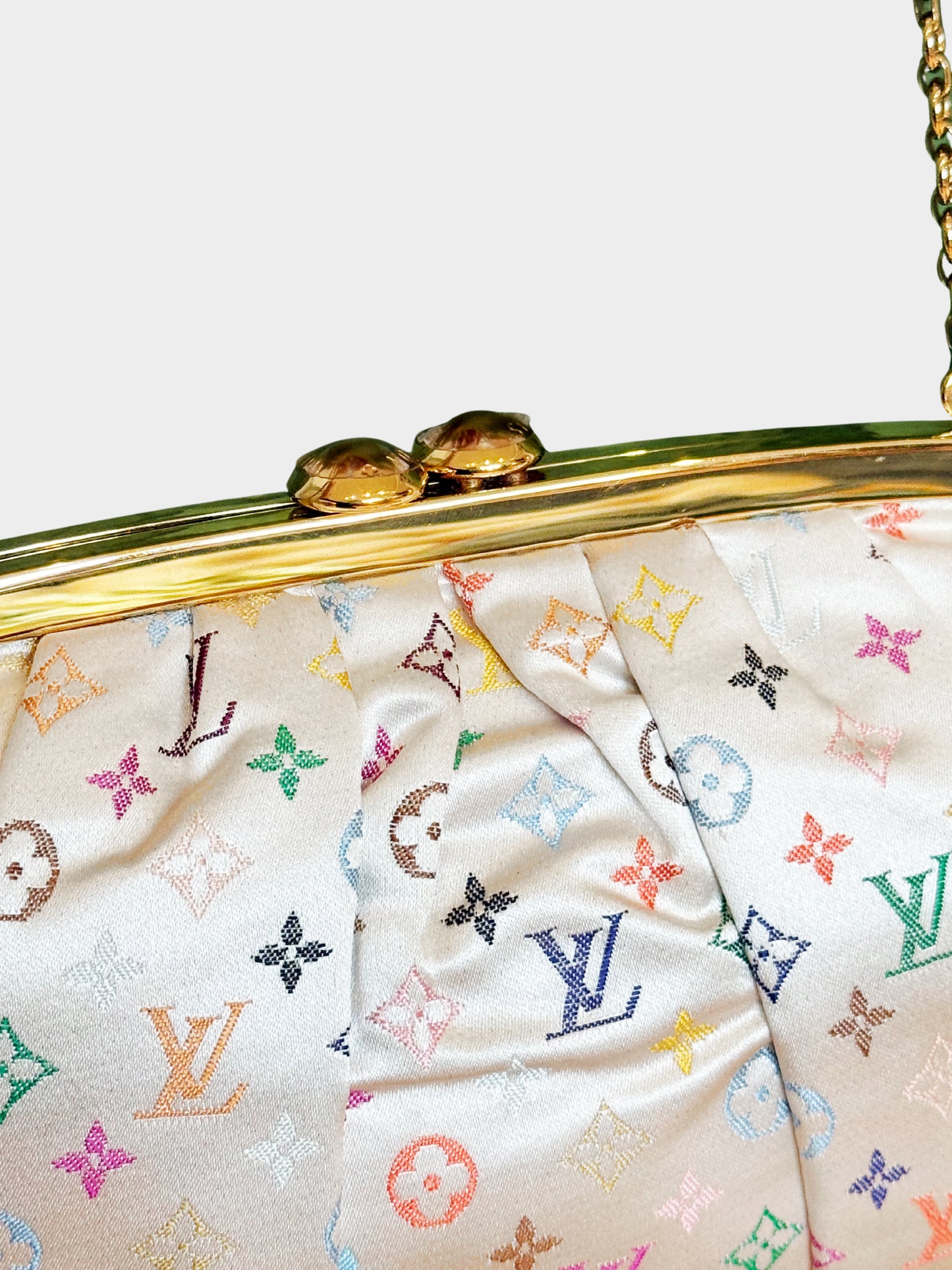 Louis Vuitton 2006 White Satin Multicolor Monogram Aumoniere Evening Bag