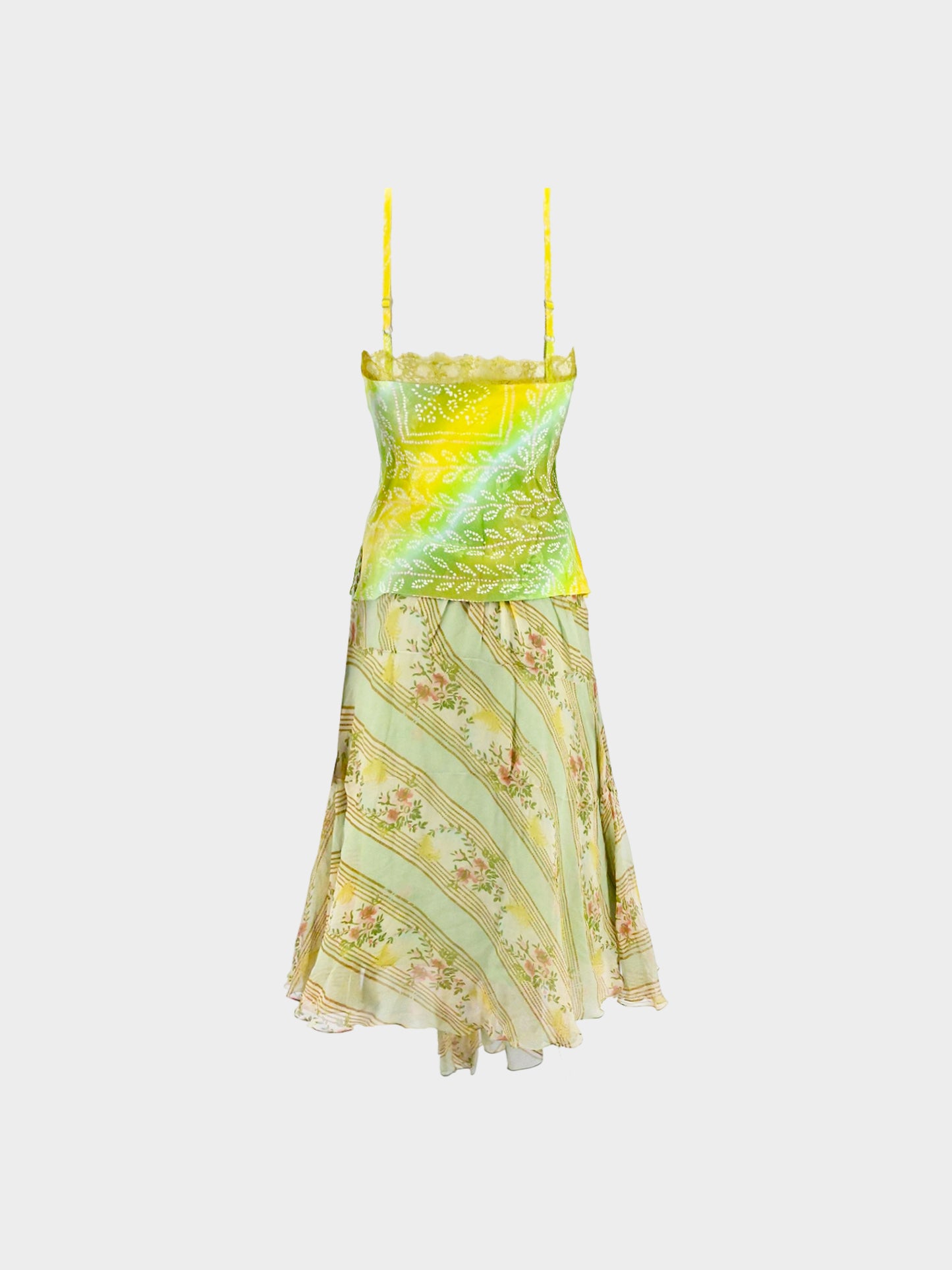 John Galliano 2000s Green and Yellow Plant Motif Print Top and Flared Chiffon Skirt Set