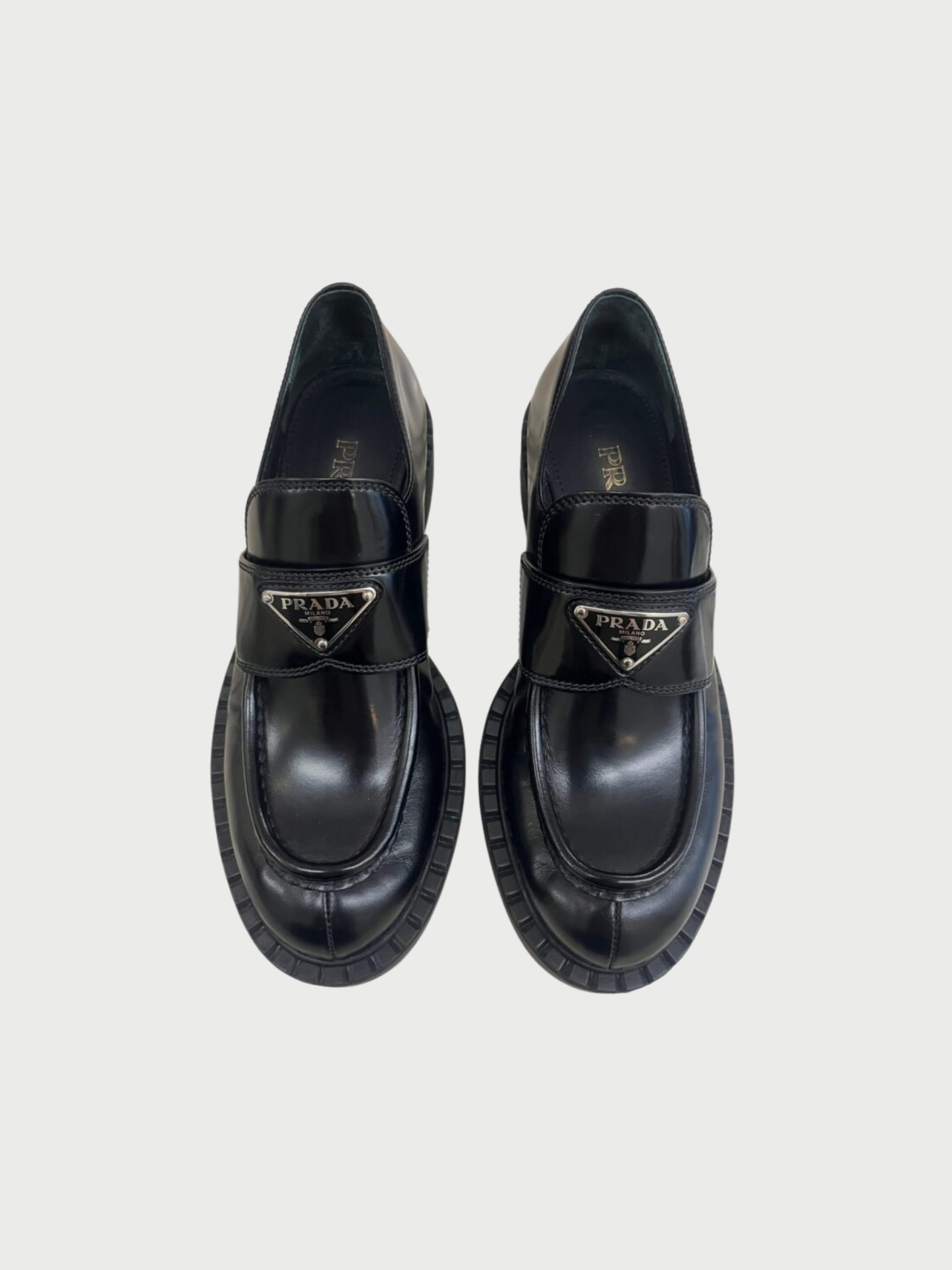 Prada 2020s Black Brushed Leather Chocolate Loafers