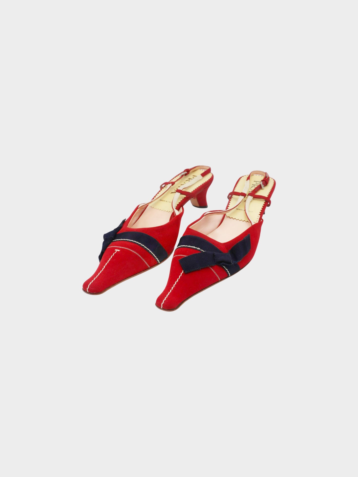 Prada 2000s Red Crepe and Navy Grosgrain Bow Slingback Pumps