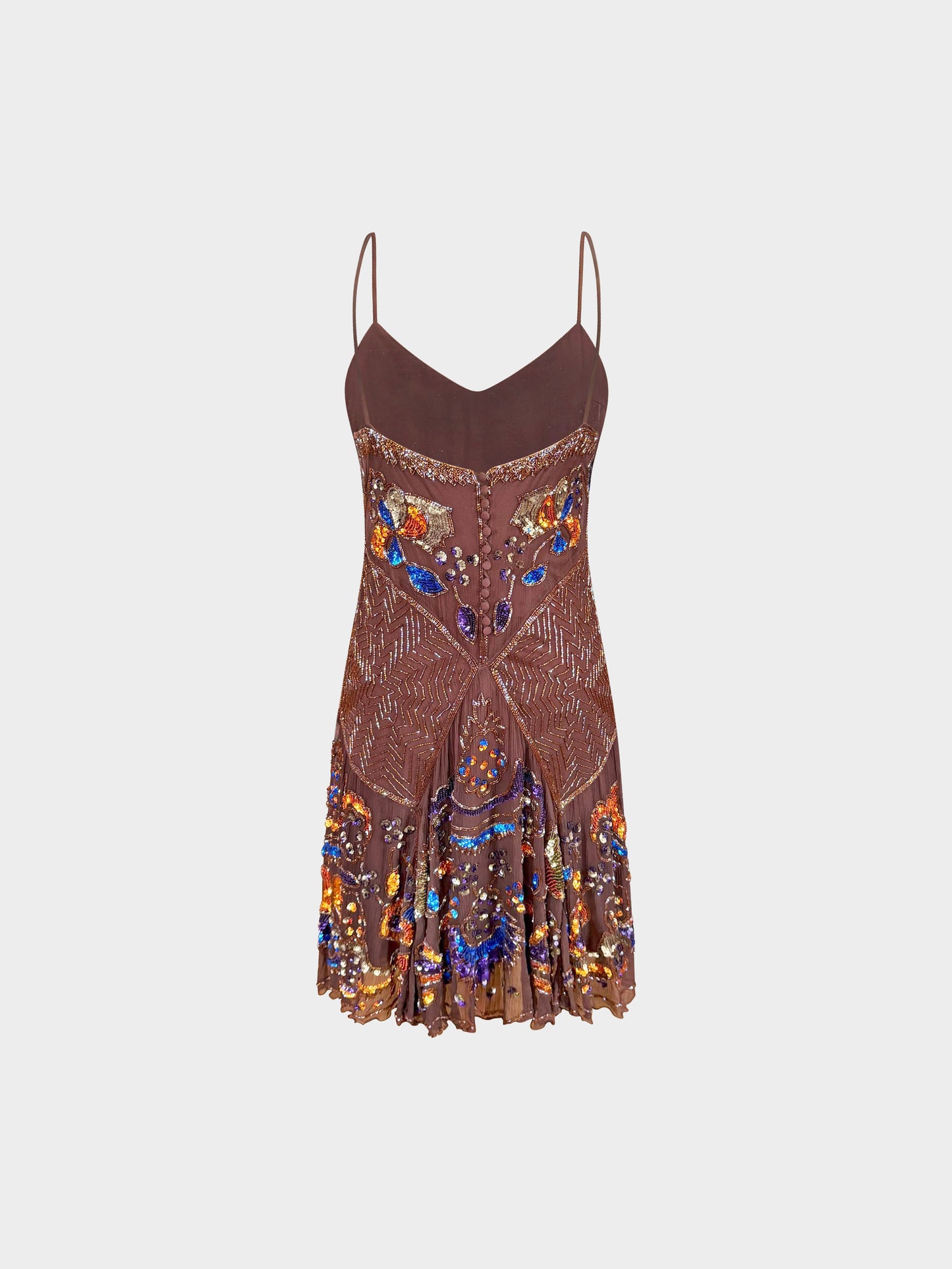 Blumarine 2000s Brown Silk Beads and Sequins Embroidered Slip Dress