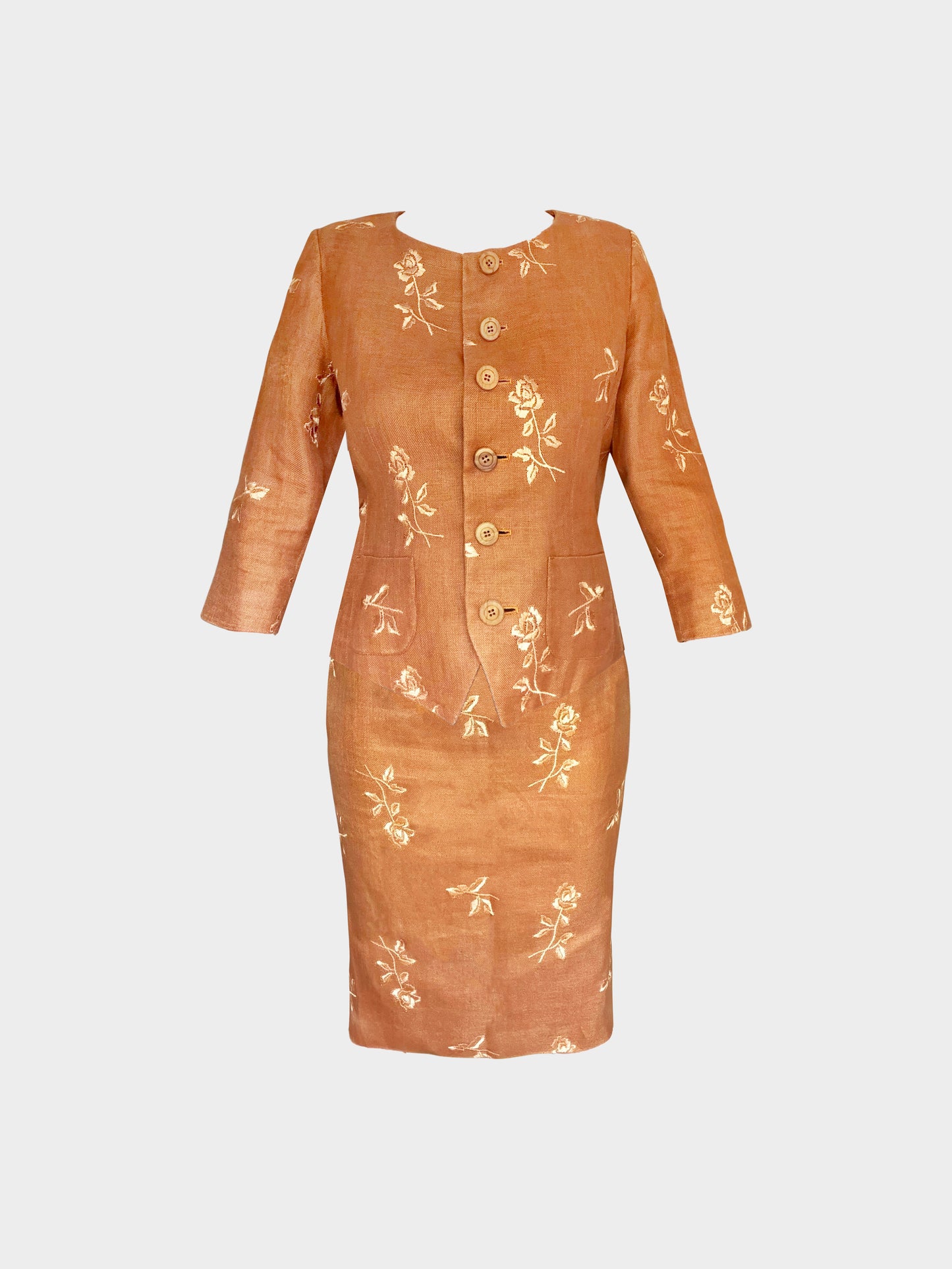 Yves Saint Laurent 1990s Brown Floral Embroidered Jacket and Skirt Set