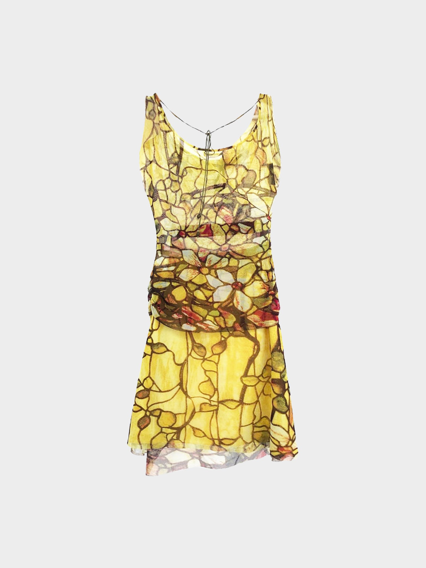Vivienne Tam 1990s Yellow Abstract Floral Print Mesh Top and Skirt Set