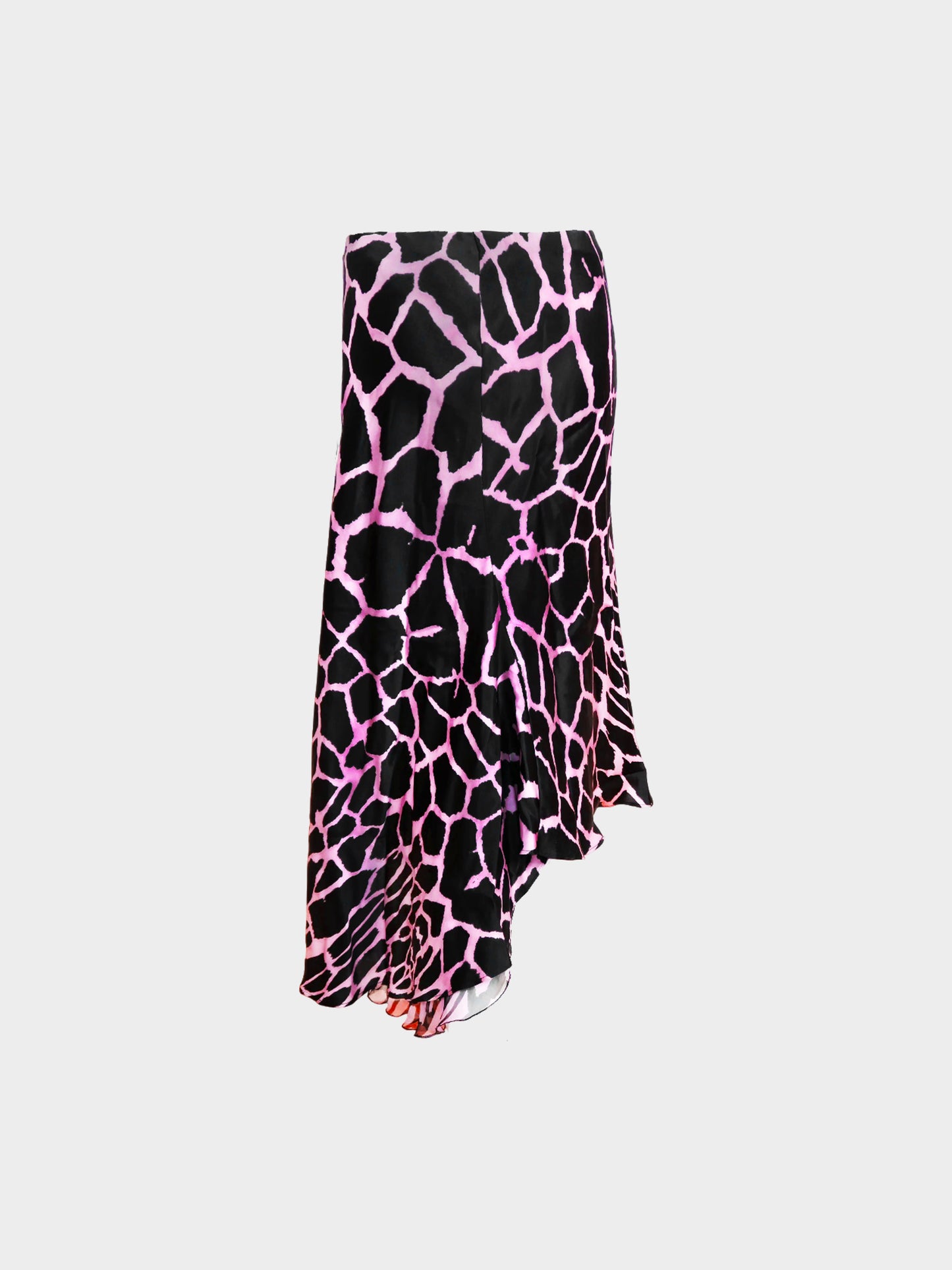 Roberto Cavalli 2000s Black and Pink Giraffe Print Asymmetrical Silk Skirt