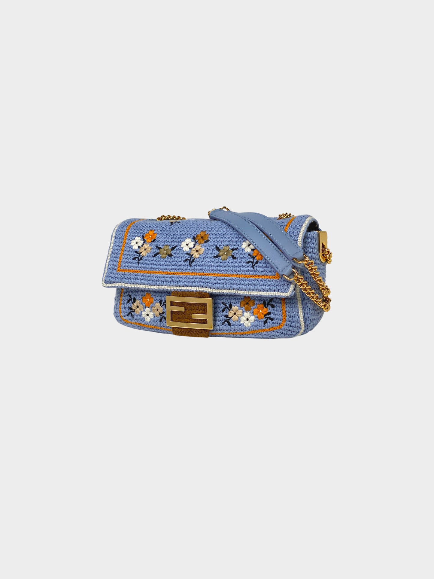 Fendi 2021 Light Blue Wool Knit Floral Embroidered Baguette Bag