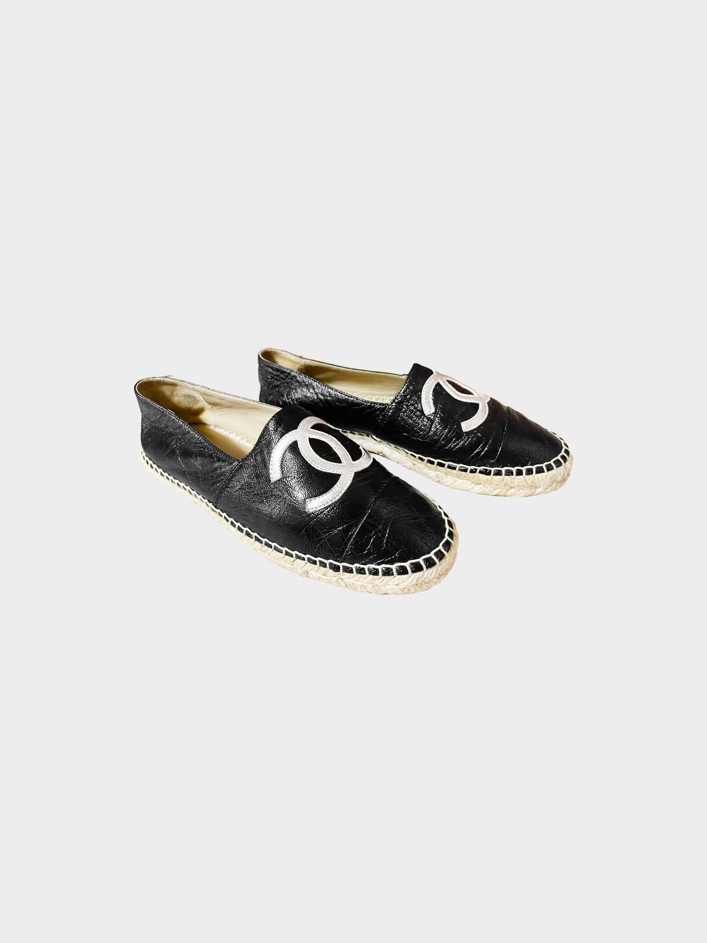 Chanel 2010s Black Leather and Raffia Espadrilles