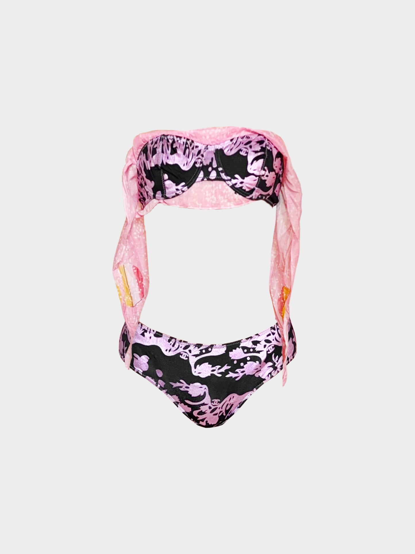 Chanel SS 2005 Karl Lagerfeld Rare Black and Pink Floral Bikini and Terrycloth Cropped Blazer Set