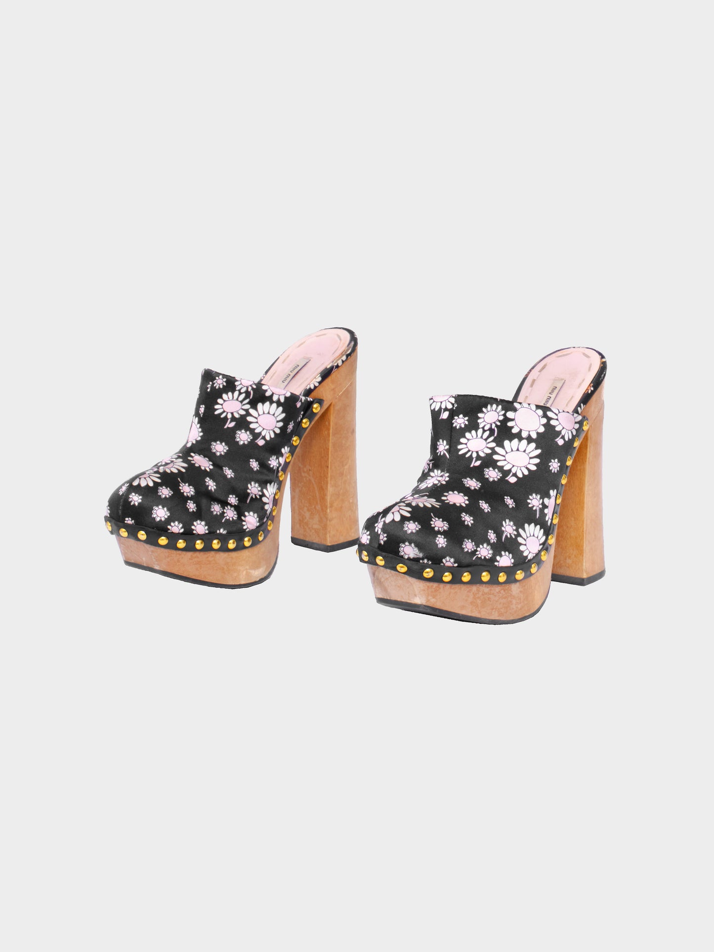Miu Miu SS 2010 Black Floral Print Satin Clog Heels