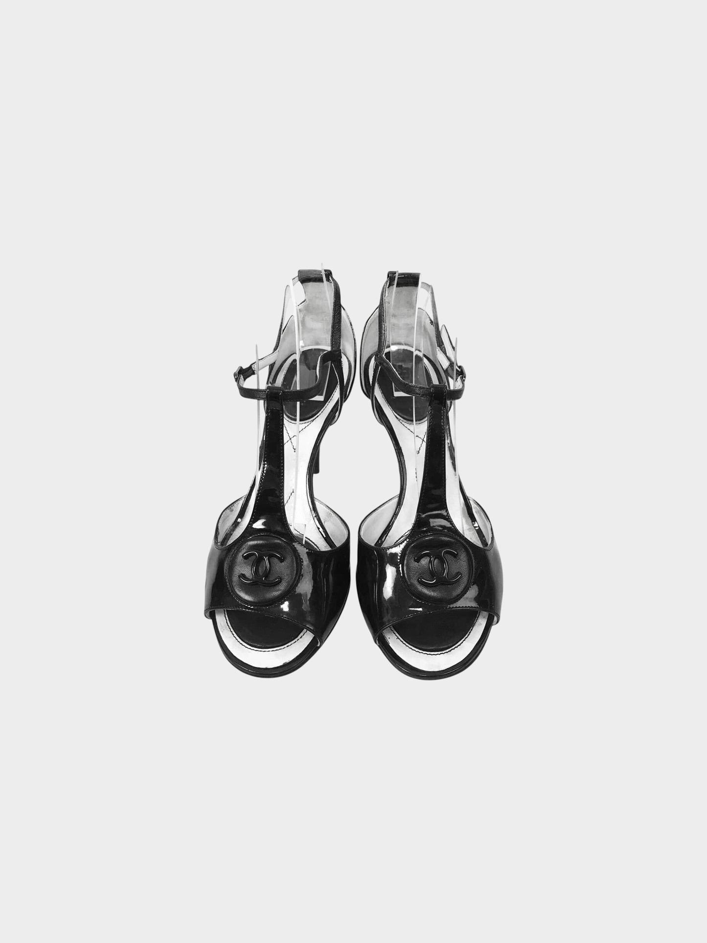 Chanel 2000s Black Patent Leather Peep Toe Heels