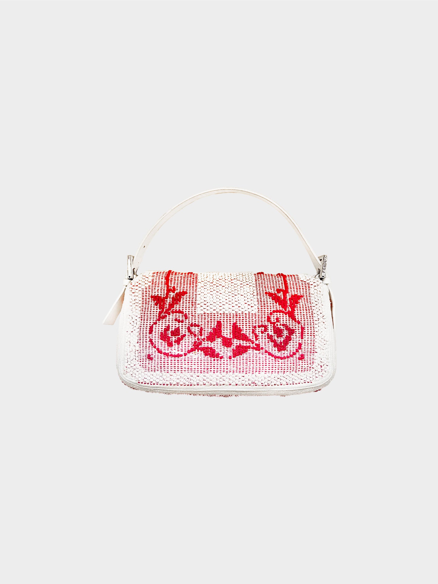 Fendi 2000s Rare White and Red Embroidered Baguette