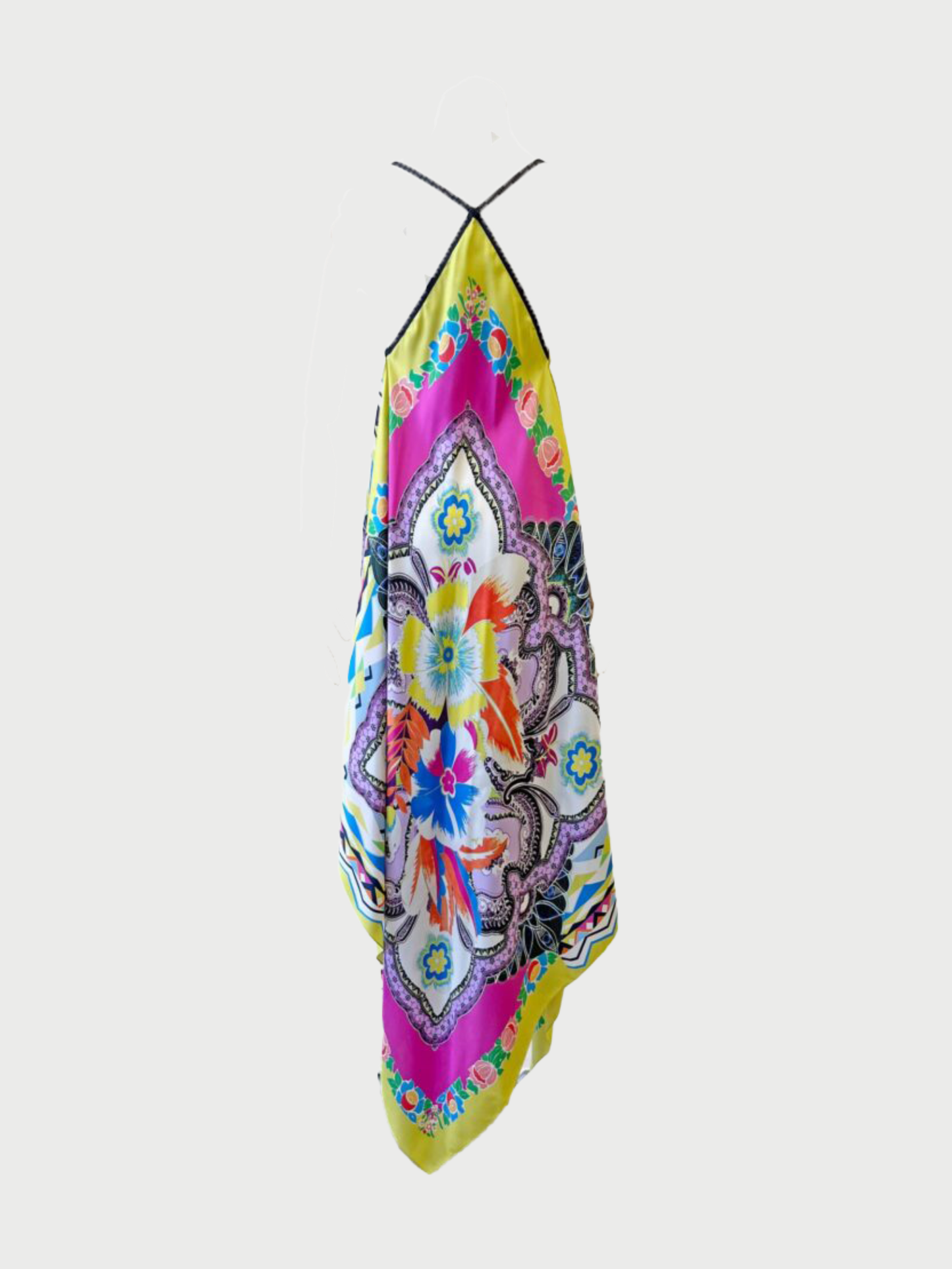 Etro 2010s Multicolor Silk Floral Handkerchief Hem Gown