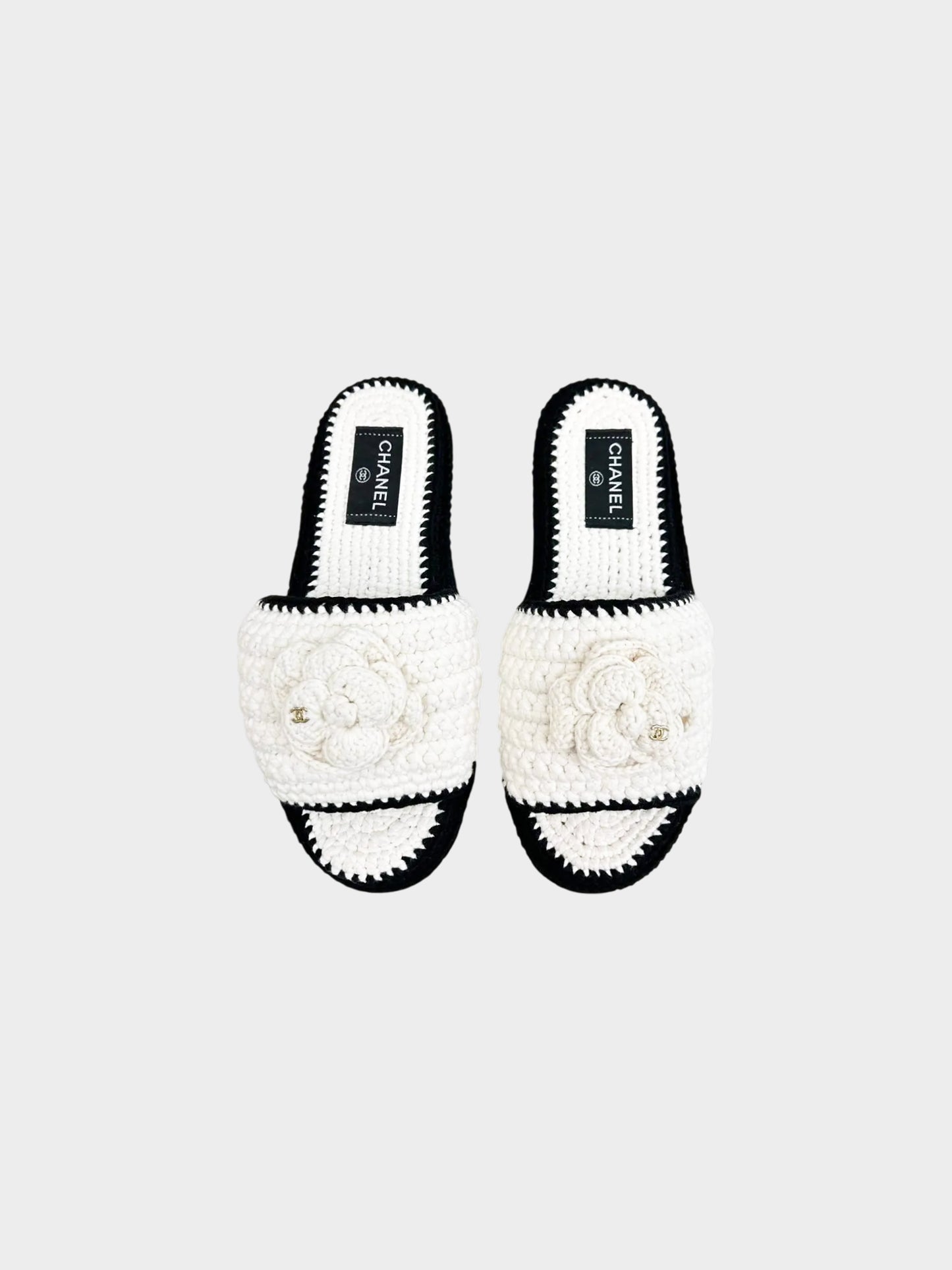 Chanel 2023 Ivory and Black Crochet Camellia Sandals