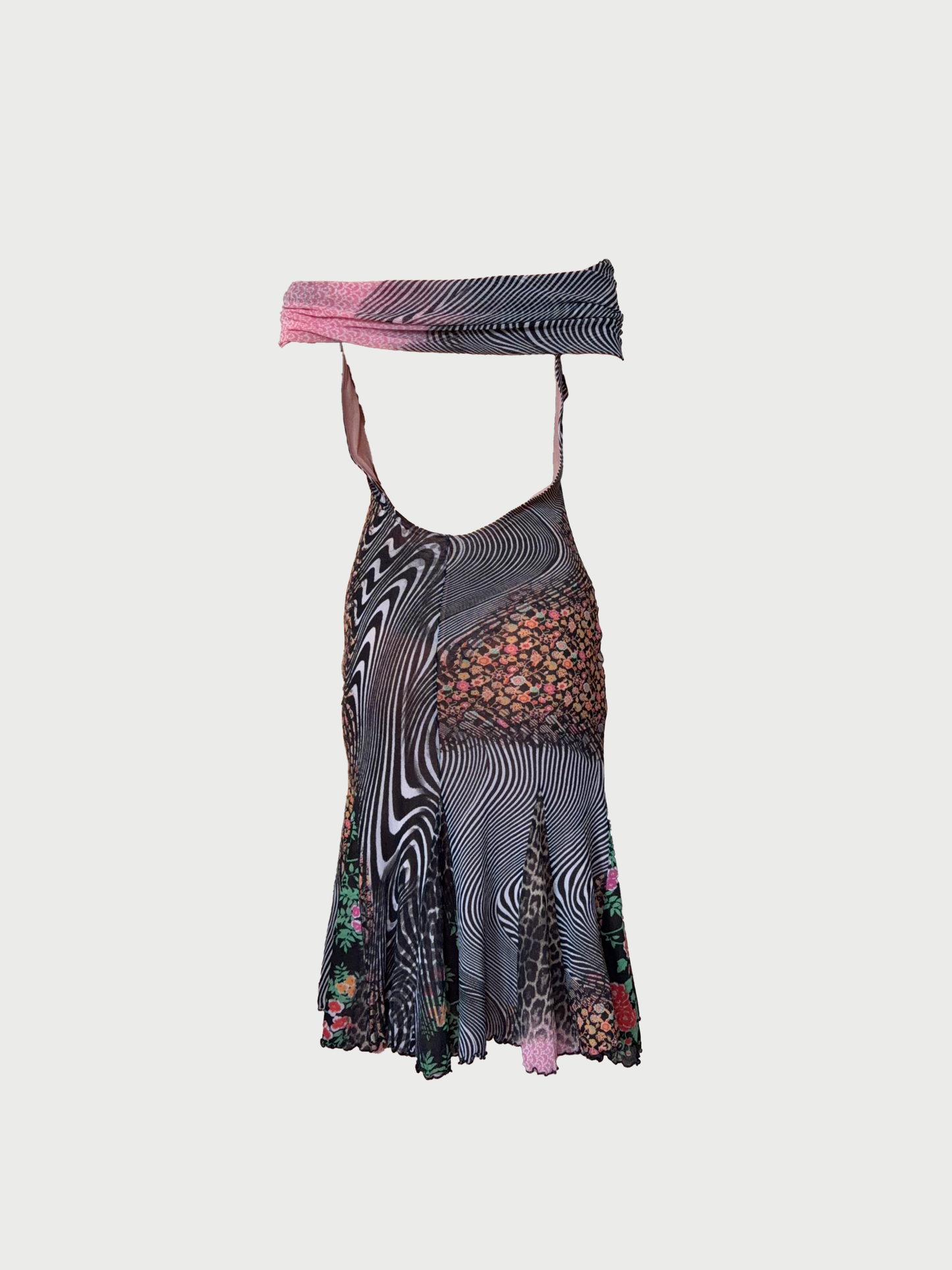 Roberto Cavalli Class 2000s Multicolor Animal Floral Print Mesh Dress