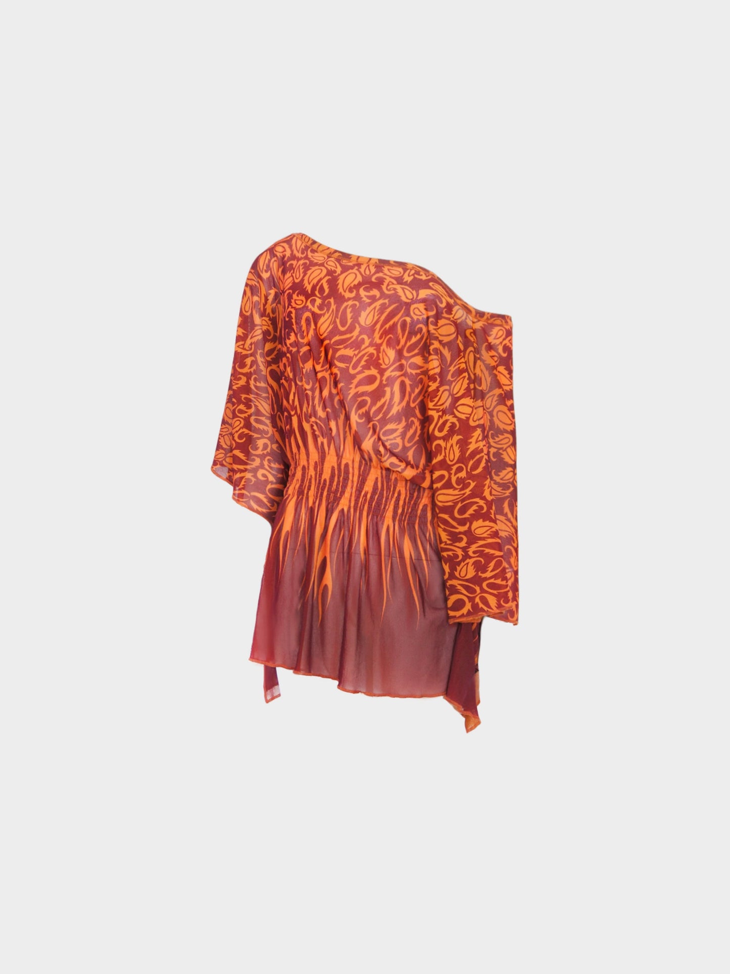 Jean Paul Gaultier 2000s Paisley Print Asymmetrical Off Shoulder Mesh Top