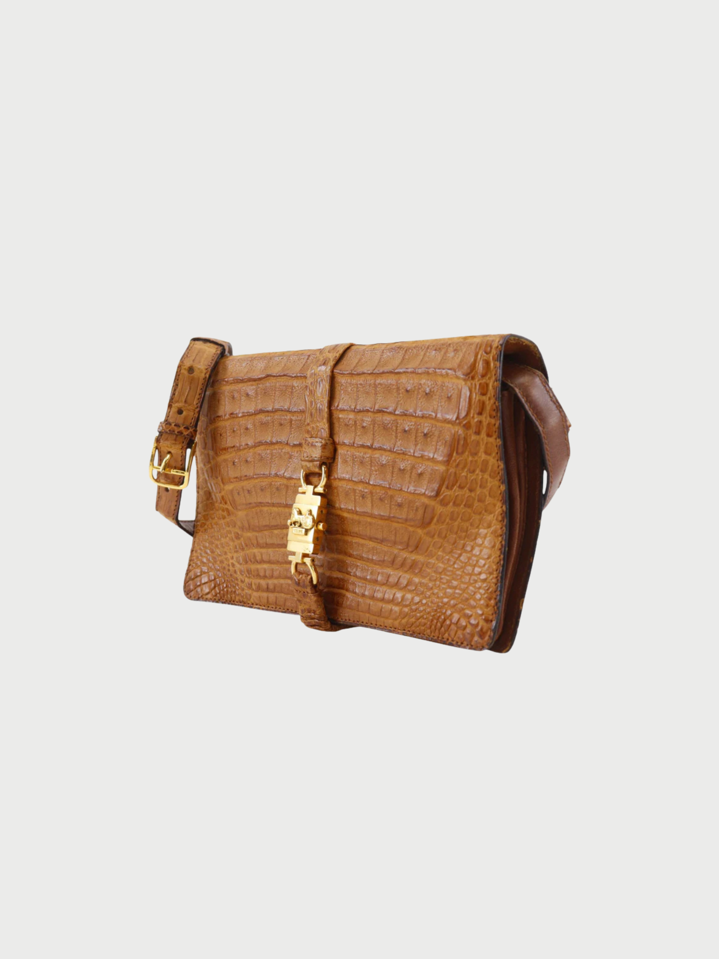 Celine 1990s Brown Crocodile Embossed Leather Horse Bag 2-Way Shoulder Bag