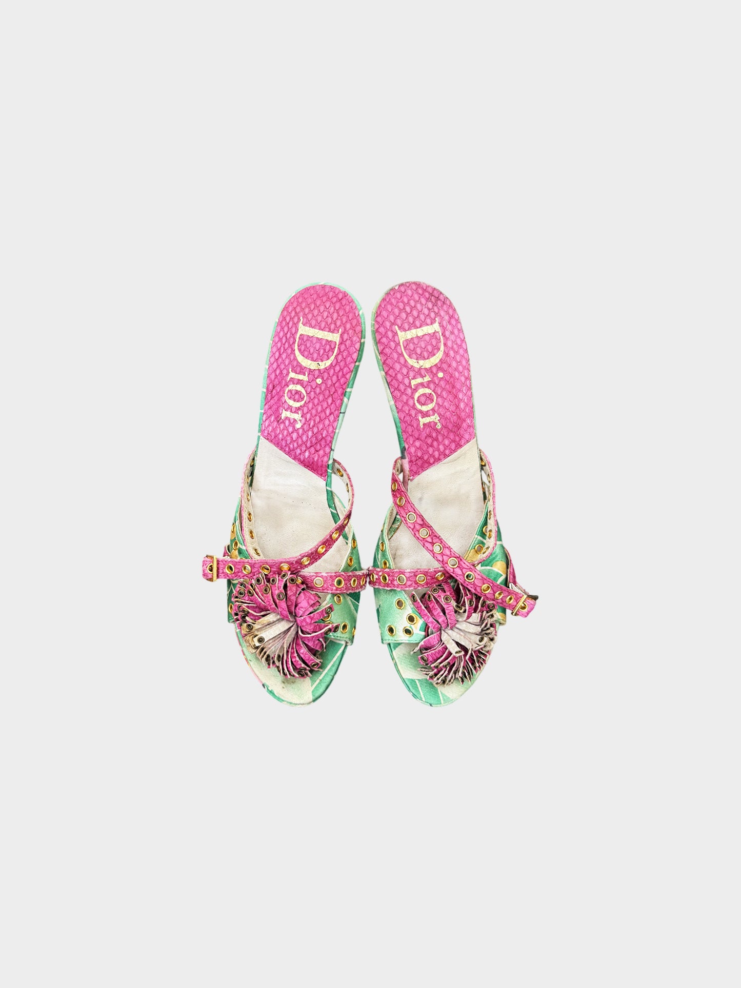 Christian Dior by John Galliano 2003 Green Floral and Koi Print Heels