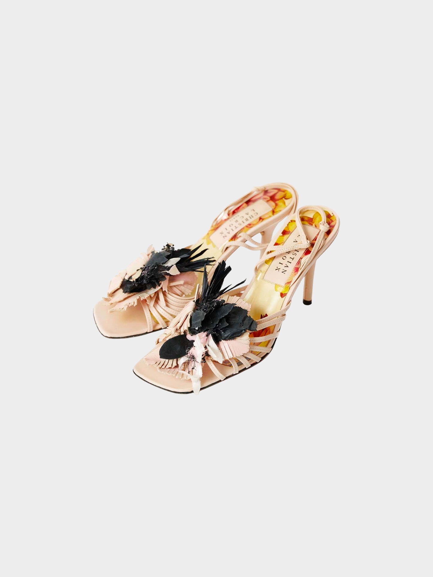 Christian Lacroix 2000s Pink and Black Floral Leather Heeled Sandals