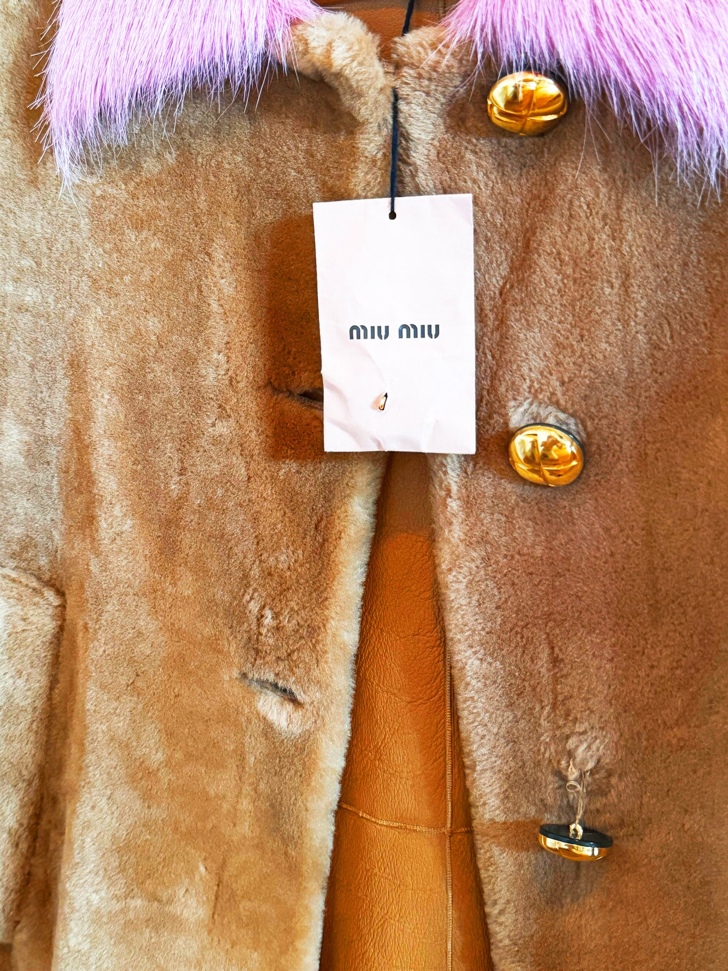 Miu Miu 2010s Brown Shearling Coat with Pink Faux Fur Trim