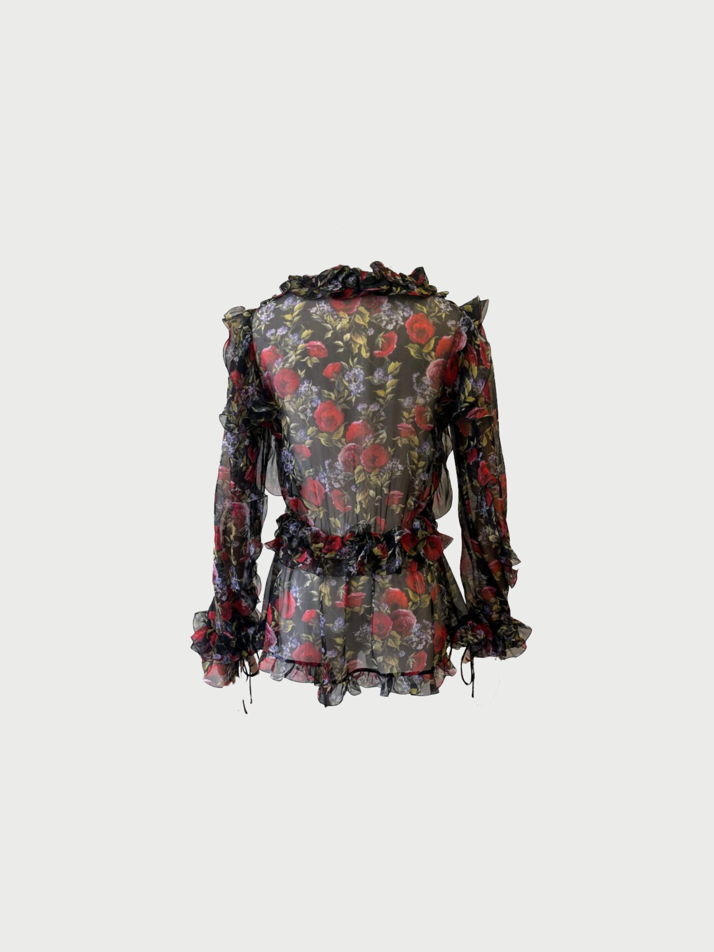 Dolce & Gabbana 2010s Black Multicolor Silk Chiffon Ruffled Floral Blouse