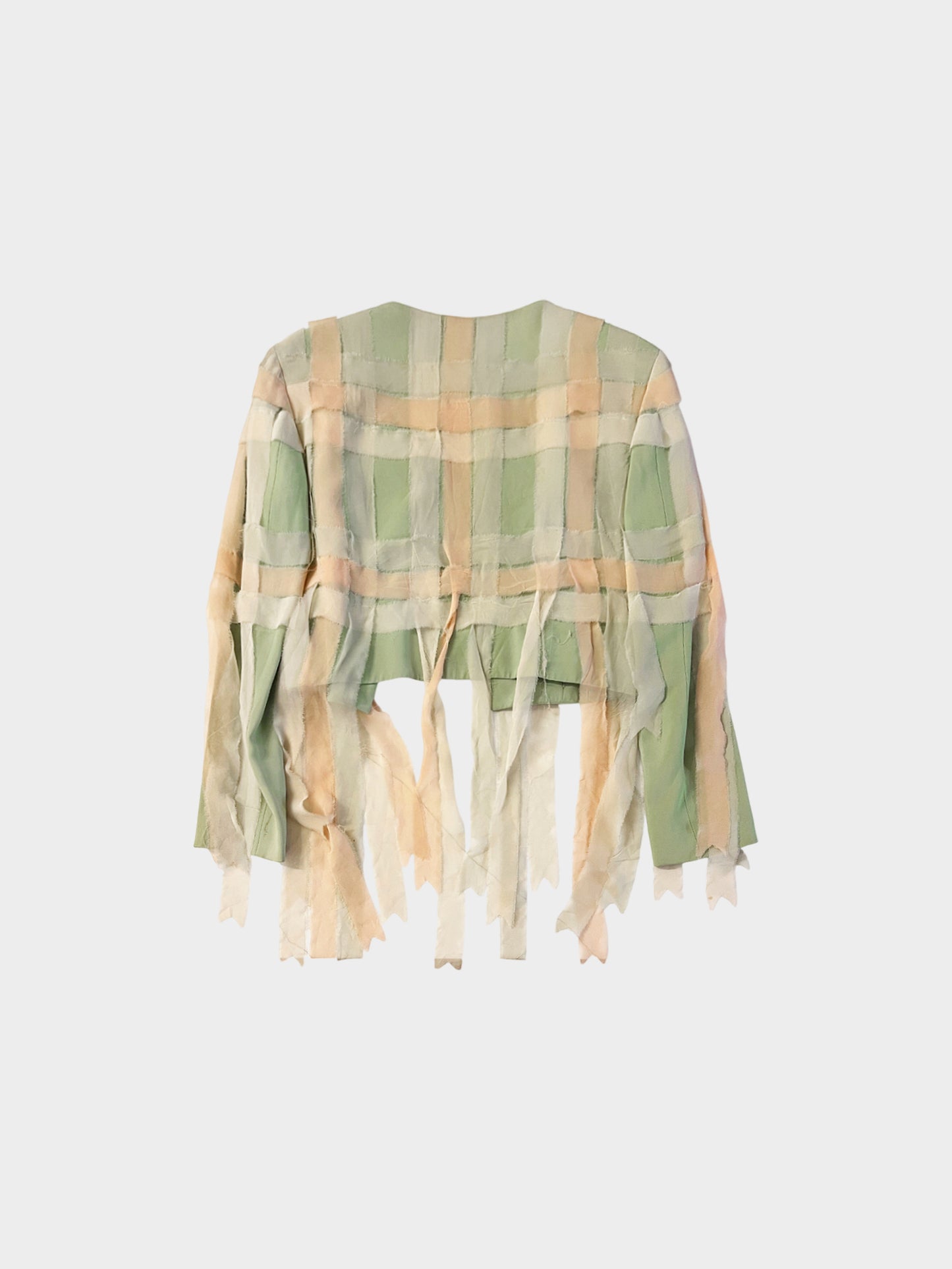 Moschino 1990s Couture Green and Peach Chiffon Woven Raw-edge Cropped Jacket