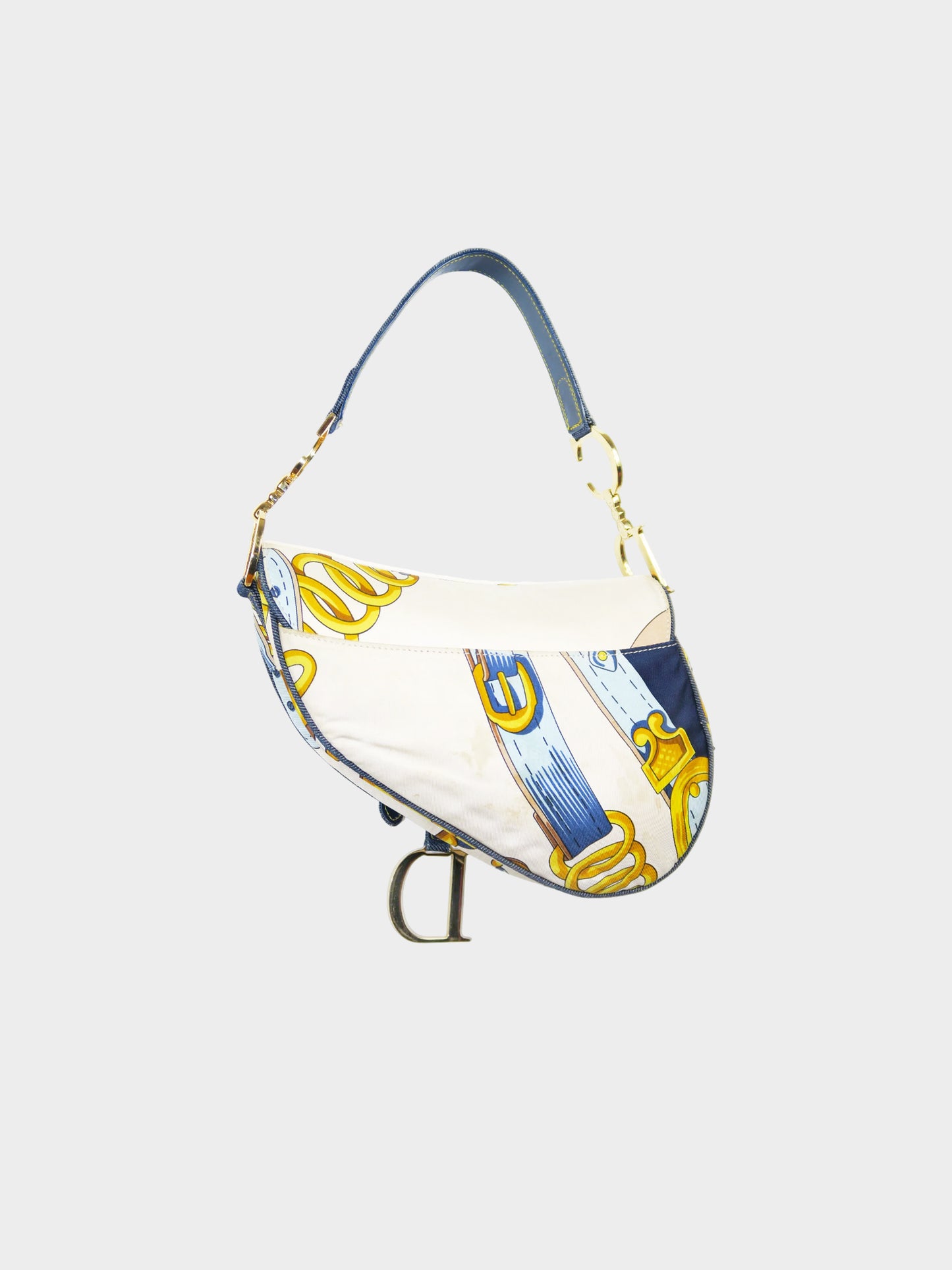 Christian Dior by John Galliano SS 2000 Blue Chain Print Silk and Denim Saddle Bag