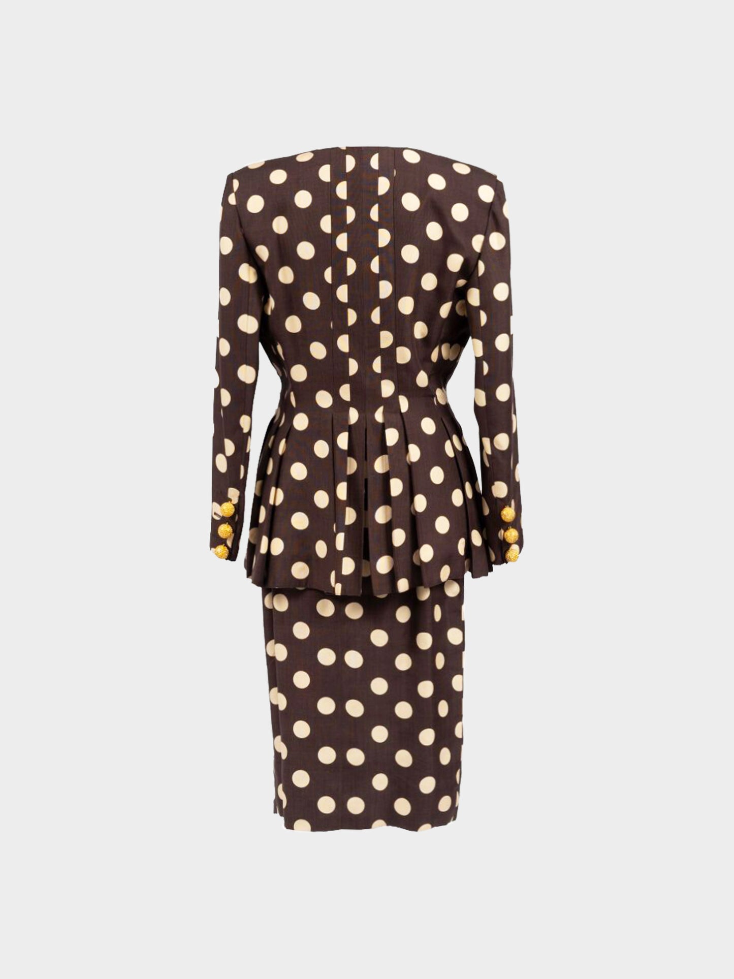 Valentino 1990s Brown and Cream Polka Dot Pleated Jacket and Skirt Set