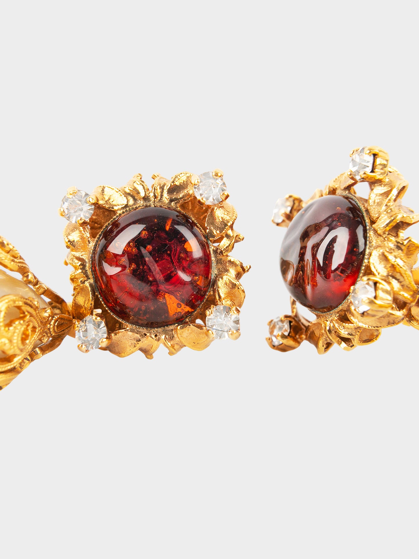 Chanel FW 1994 Gold Metal and Pearl Drop Earrings with Gripoix Glass