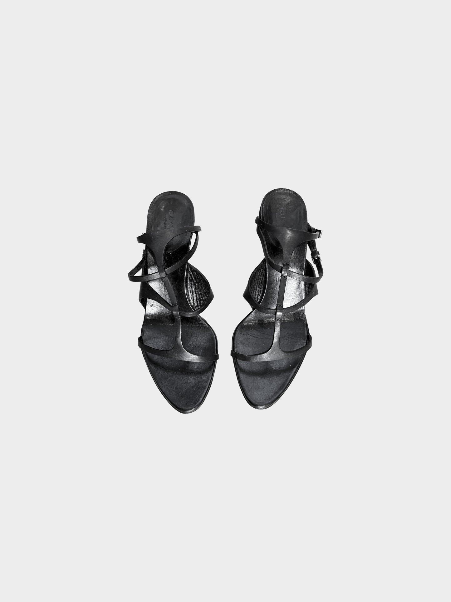 Gucci by Tom Ford Early 2000s Black Leather T-strap Silver Heels