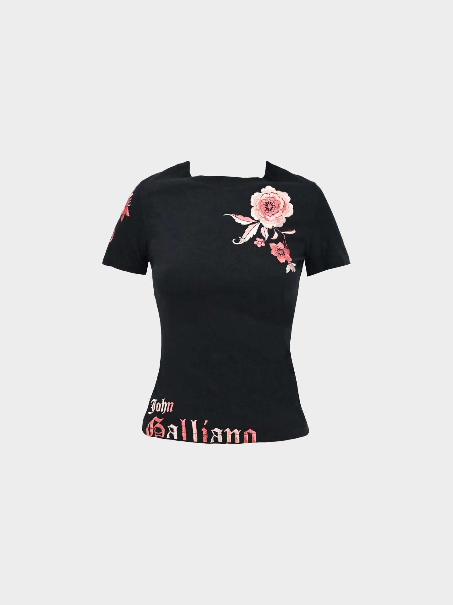 John Galliano 2003 Black and Beige Floral and Logo Embroidered Shirt and Lace Skirt Set