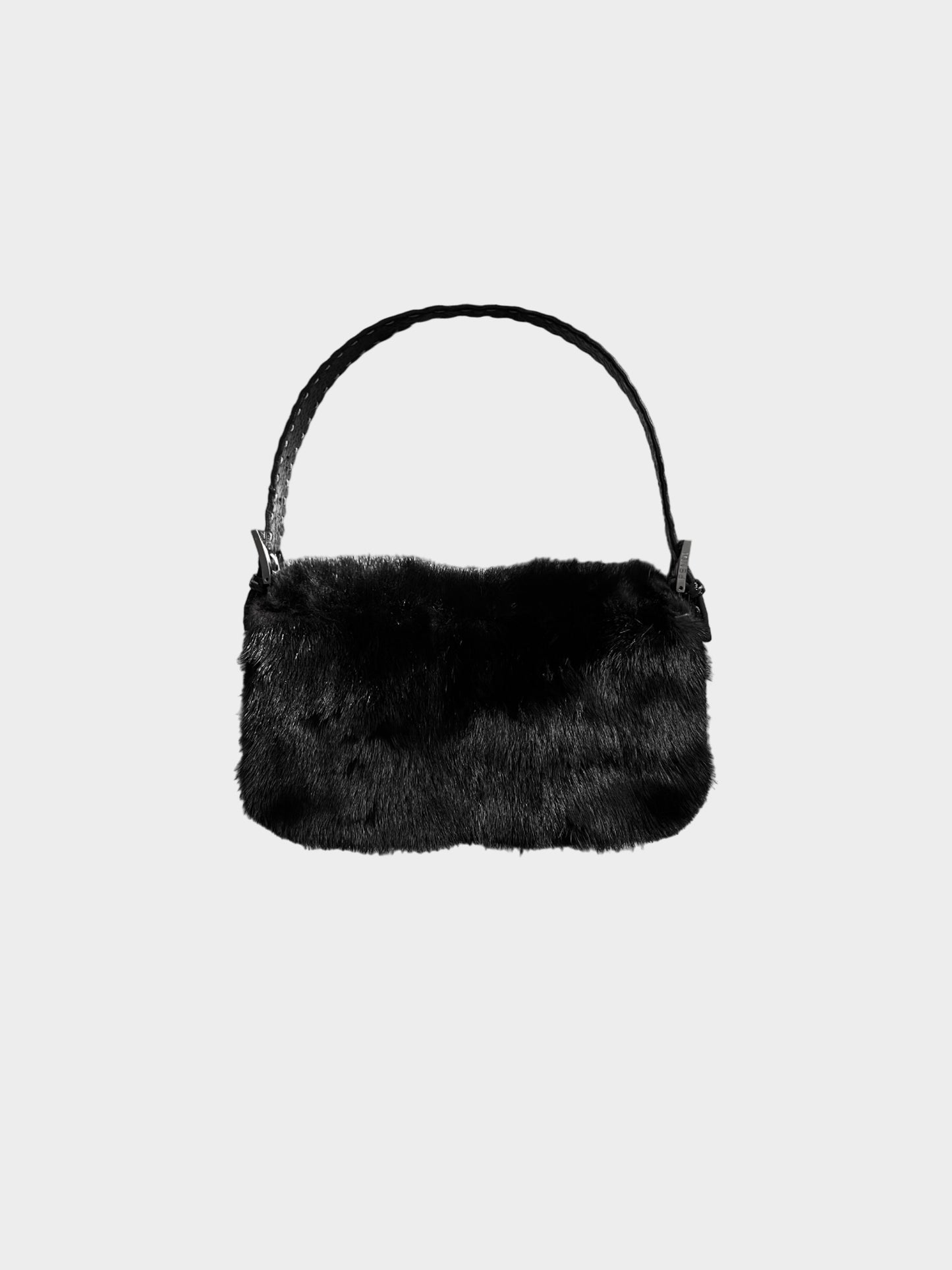 Fendi 2000s Black Mink Fur and Leather Selleria Baguette Bag